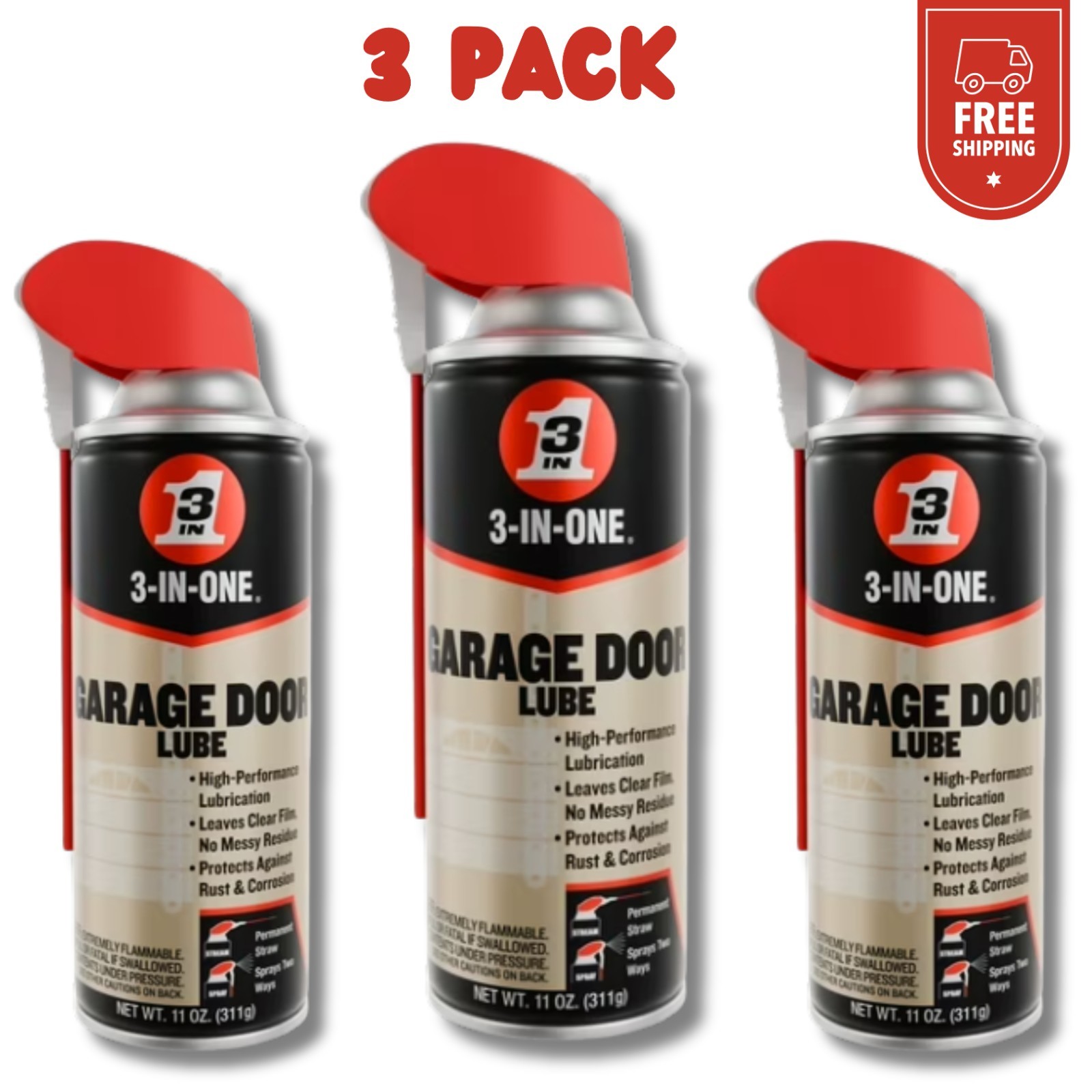 (3 pack) 3-IN-ONE Professional Garage Door Lubricant Smart Straw Sprays, 11 oz