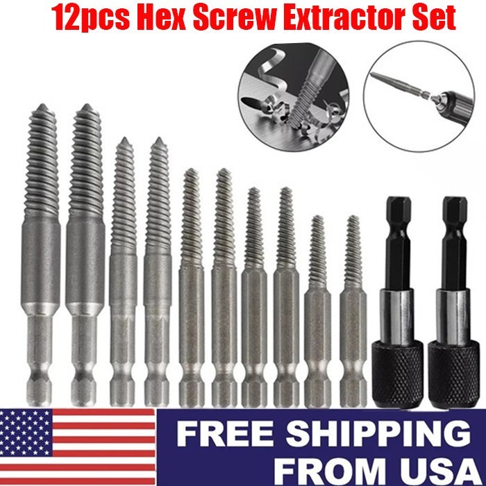 12Pcs Stud Screw Extractor Remover 1/4 Inch Hex Shank Damaged Bolt Easy Out-Sets