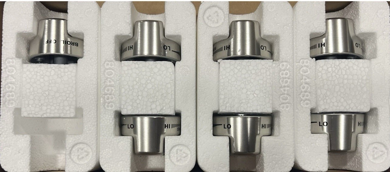 WOLF STAINLESS”plastic/metal”KNOB SET (7pc) FOR GR366 RANGES, C-pics & desc