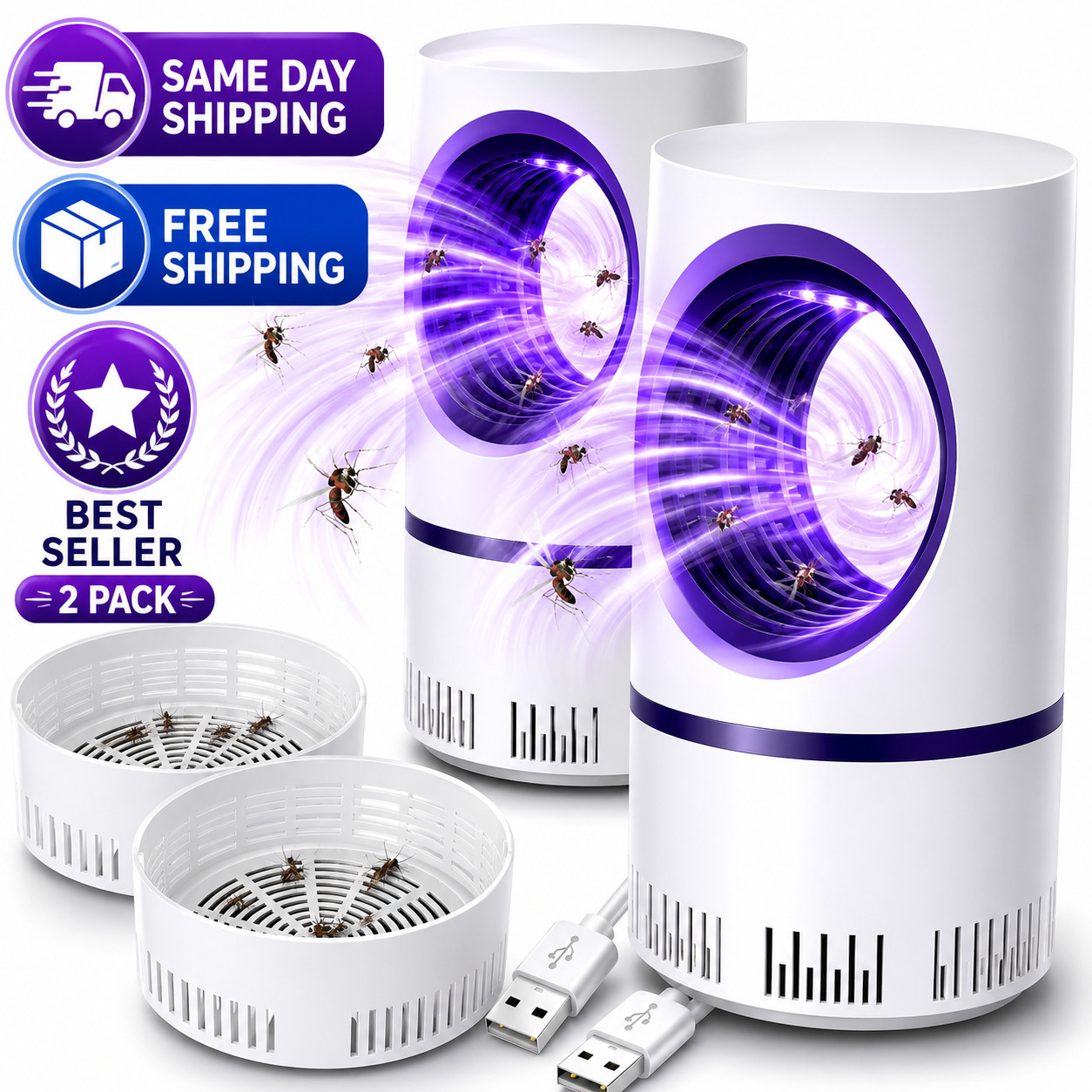 2 Pack Electric Mosquito Killer Lamp USB LED Bug Zapper Fly Trap Indoor