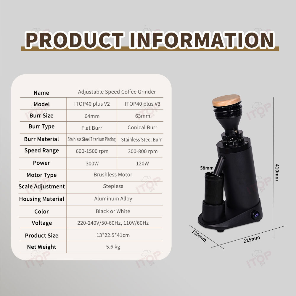Electric Coffee Grinder ITOP40 plus Updated Conical or Flat Burr Stepless Speed