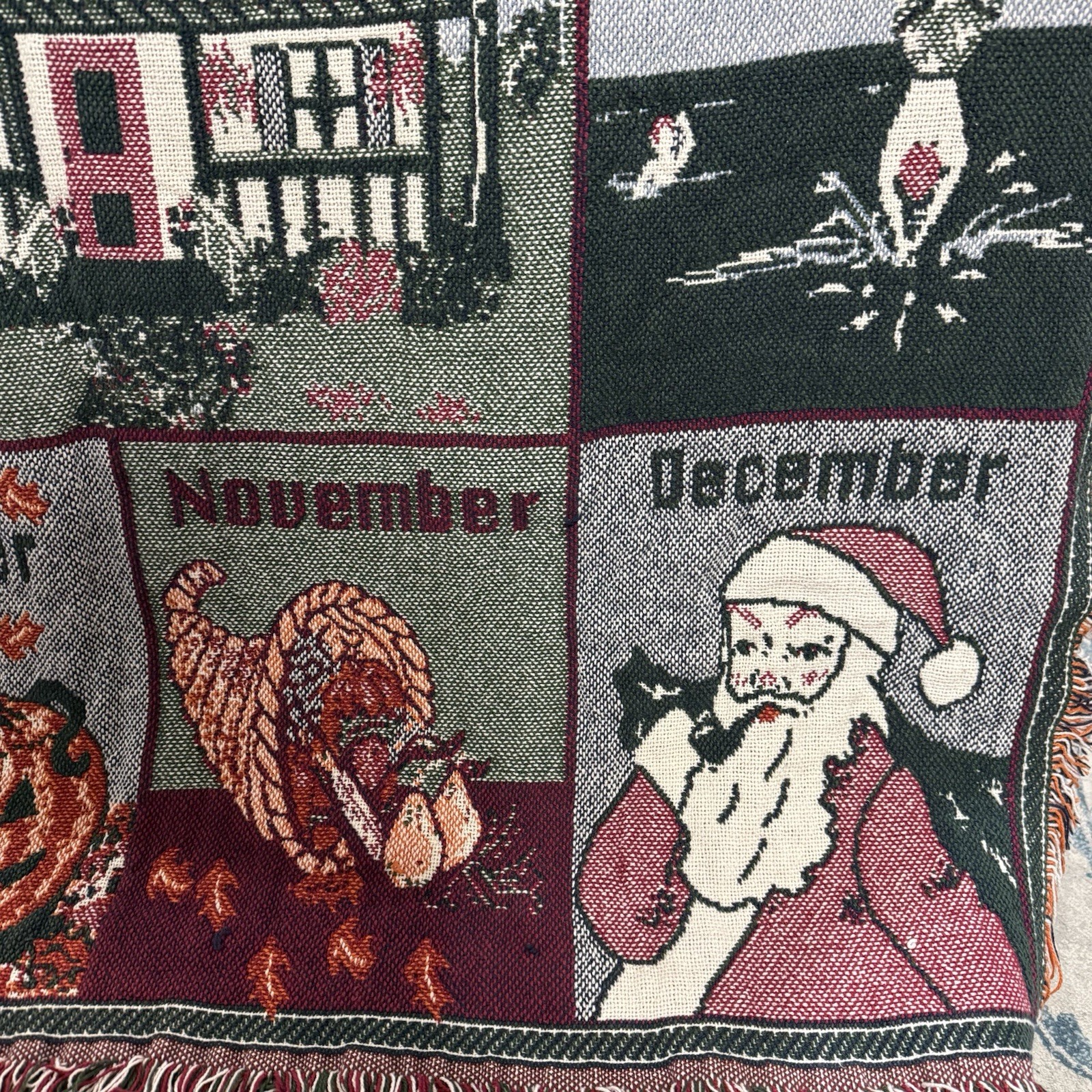 VTG 90s Tapestry Throw Blanket Welcome Home Calendar Holidays 12 Months EUC
