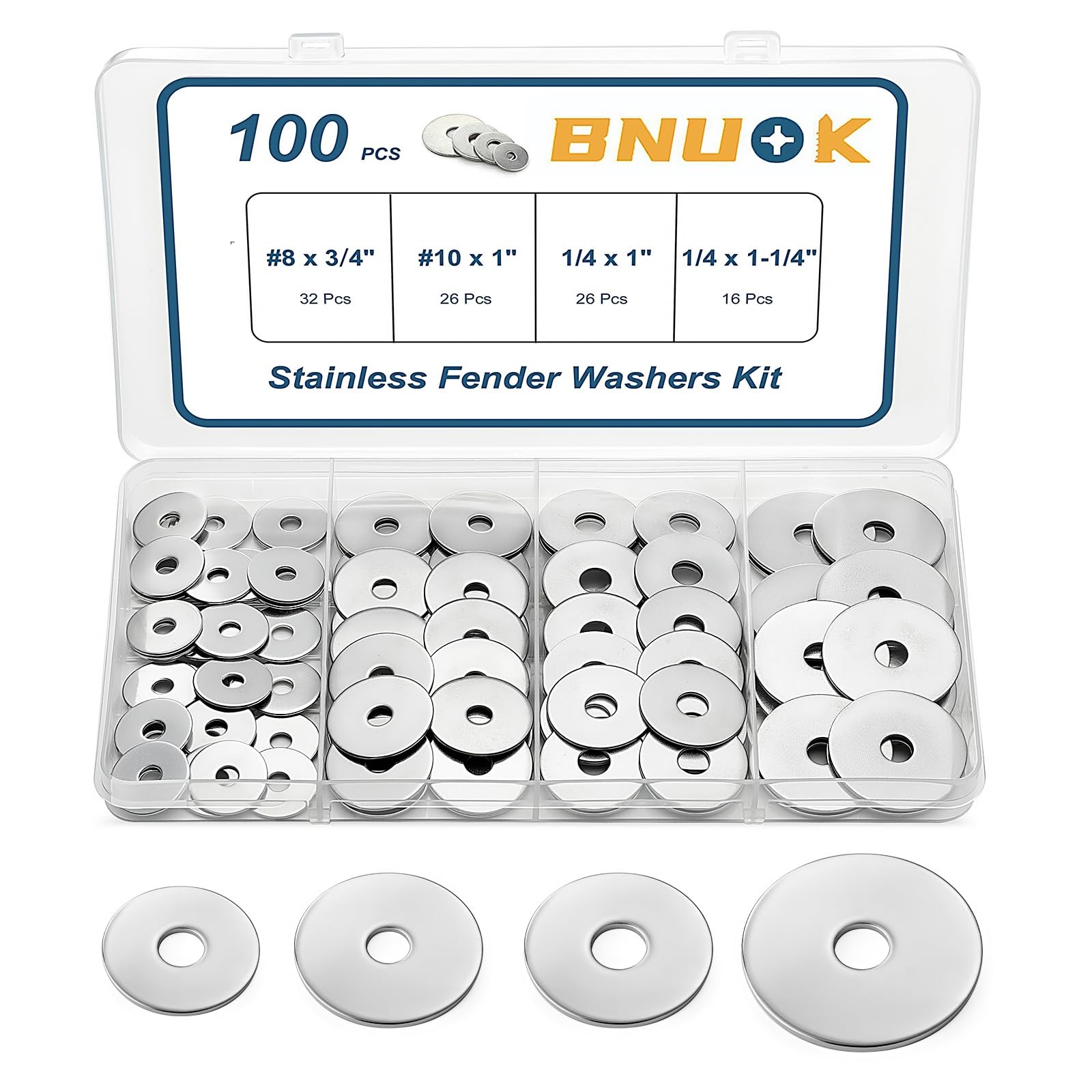 BNUOK 100PCS Fender Washers Assortment Kit, Thickened 304 Silver