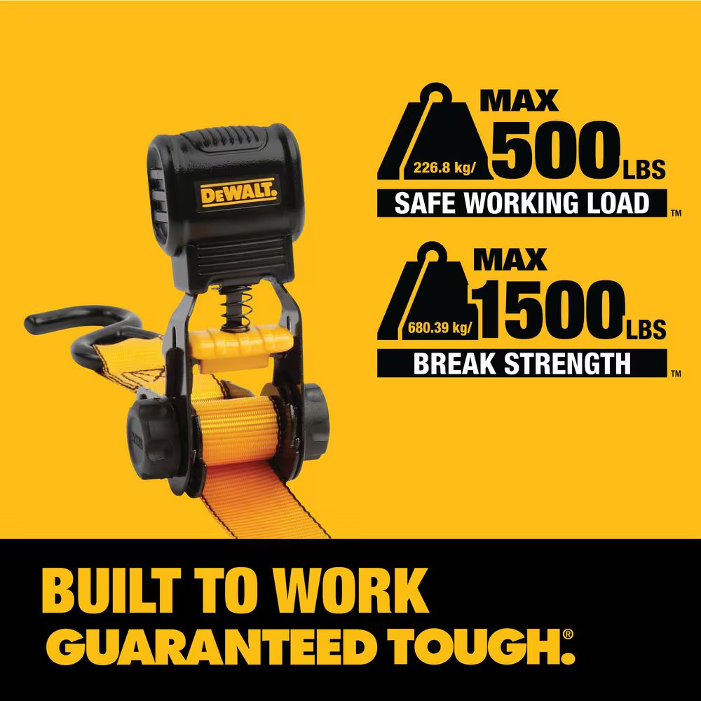 DEWALT Light-Duty Ratchet Straps Tie-Downs, 1 In. X 10 Ft. 1,500 Lbs. Break Stre