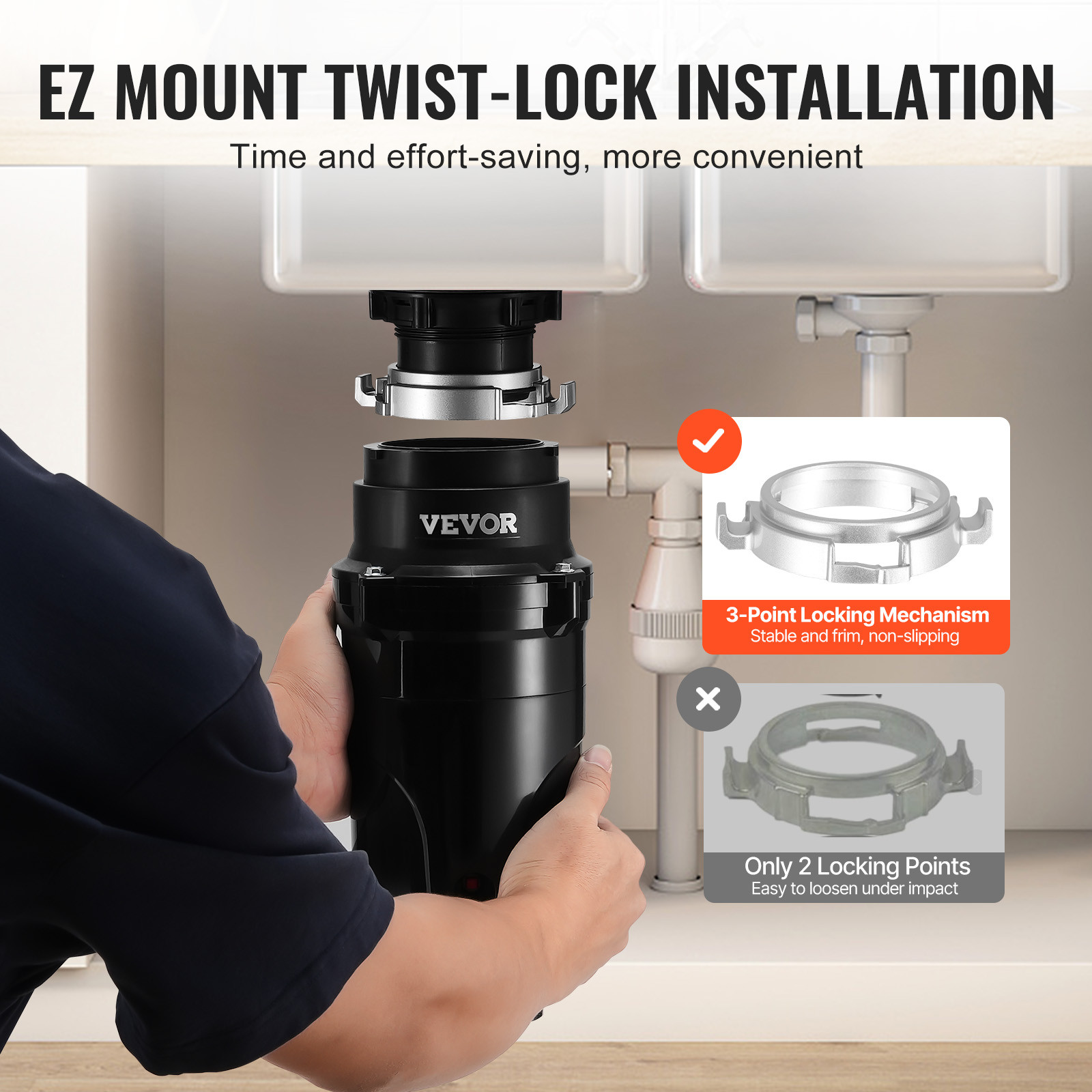 VEVOR Garbage Disposal 1/2 HP Continuous Food Waste Disposer 3450RPM EZ Connect