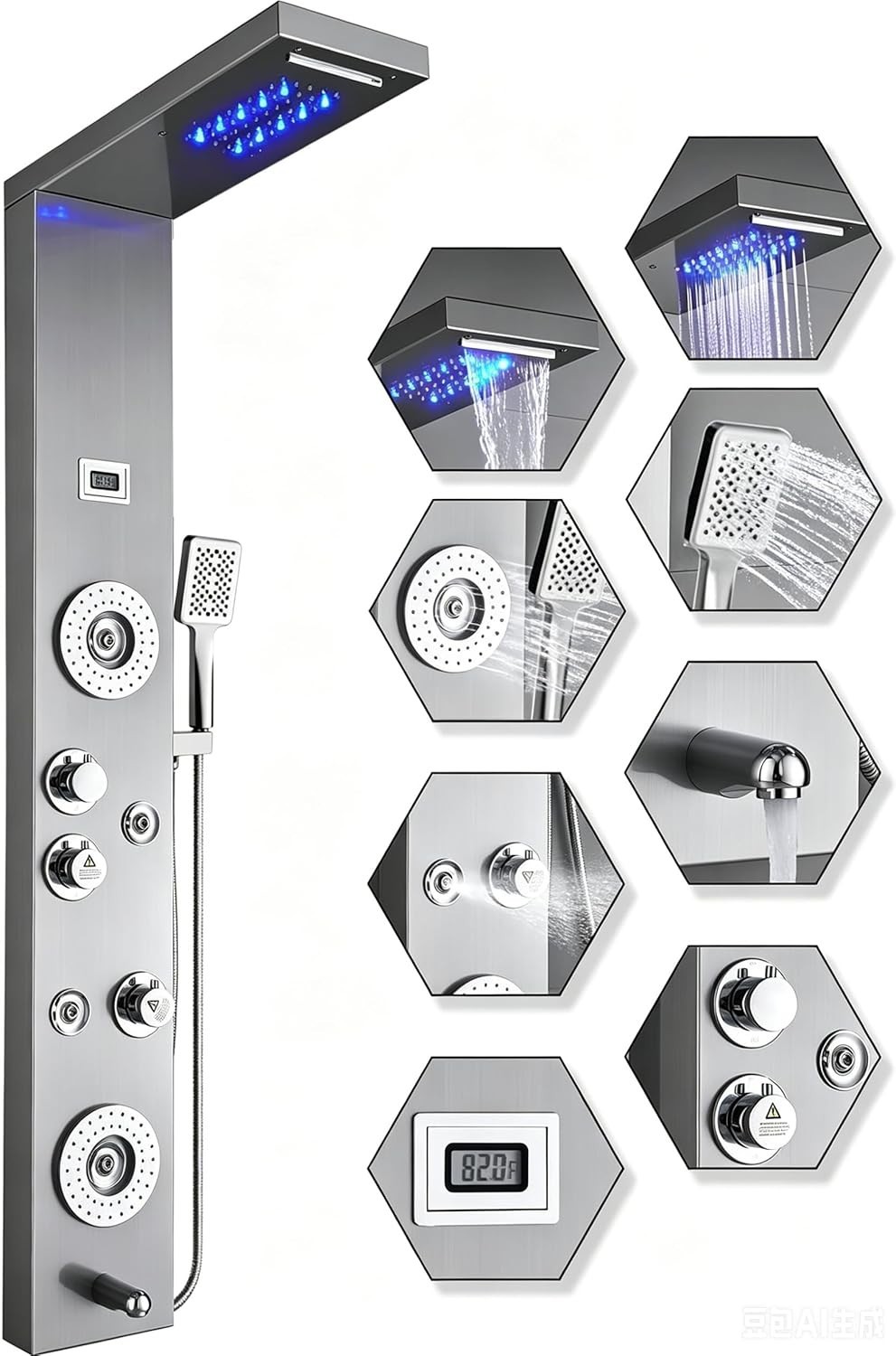 Luxury Stainless Steel Shower Panel with LED Rainfall & 6 Functions – Brushed…