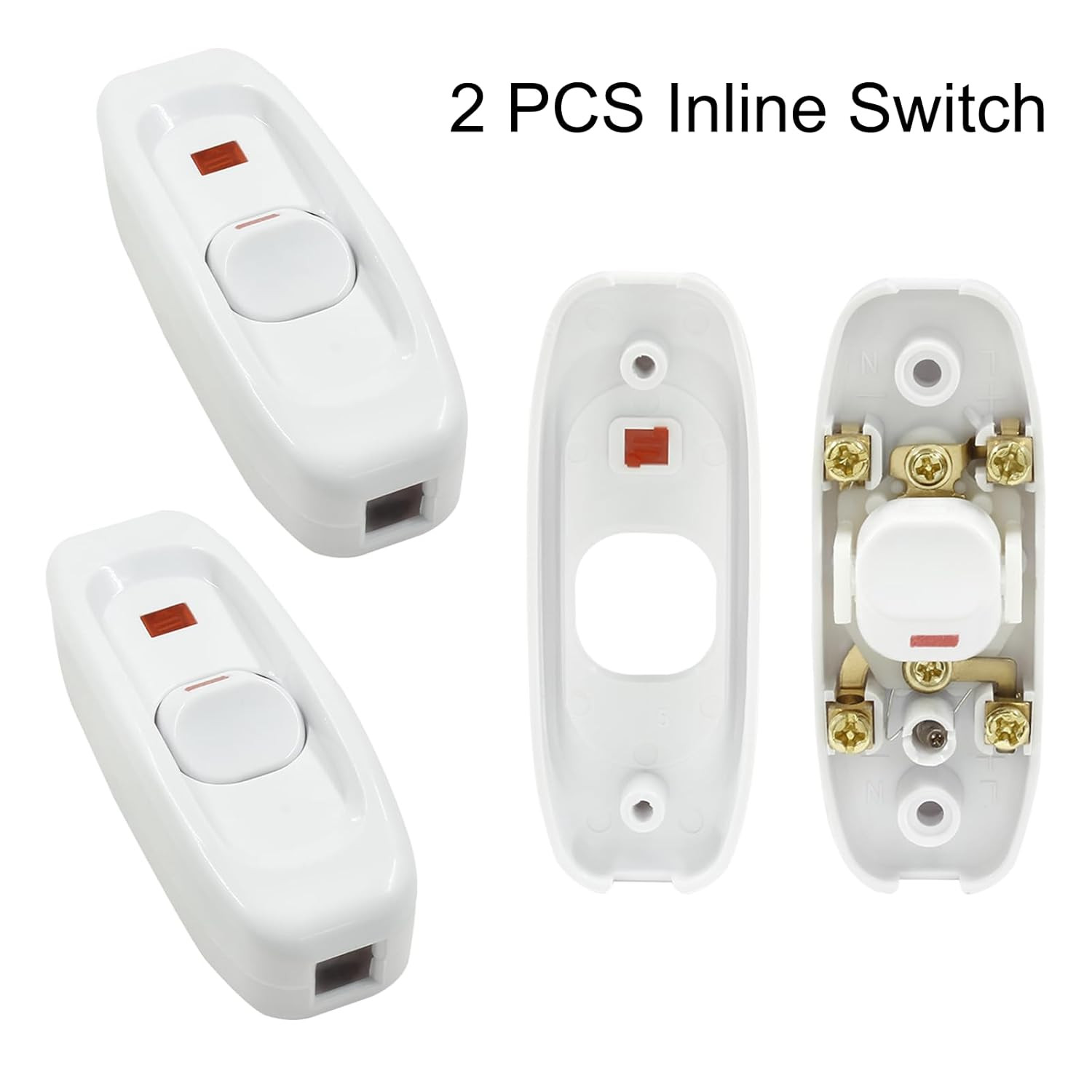 2 Pcs White Inline Switch Push Button On/Off Cord Appliance Switch with LED Ligh