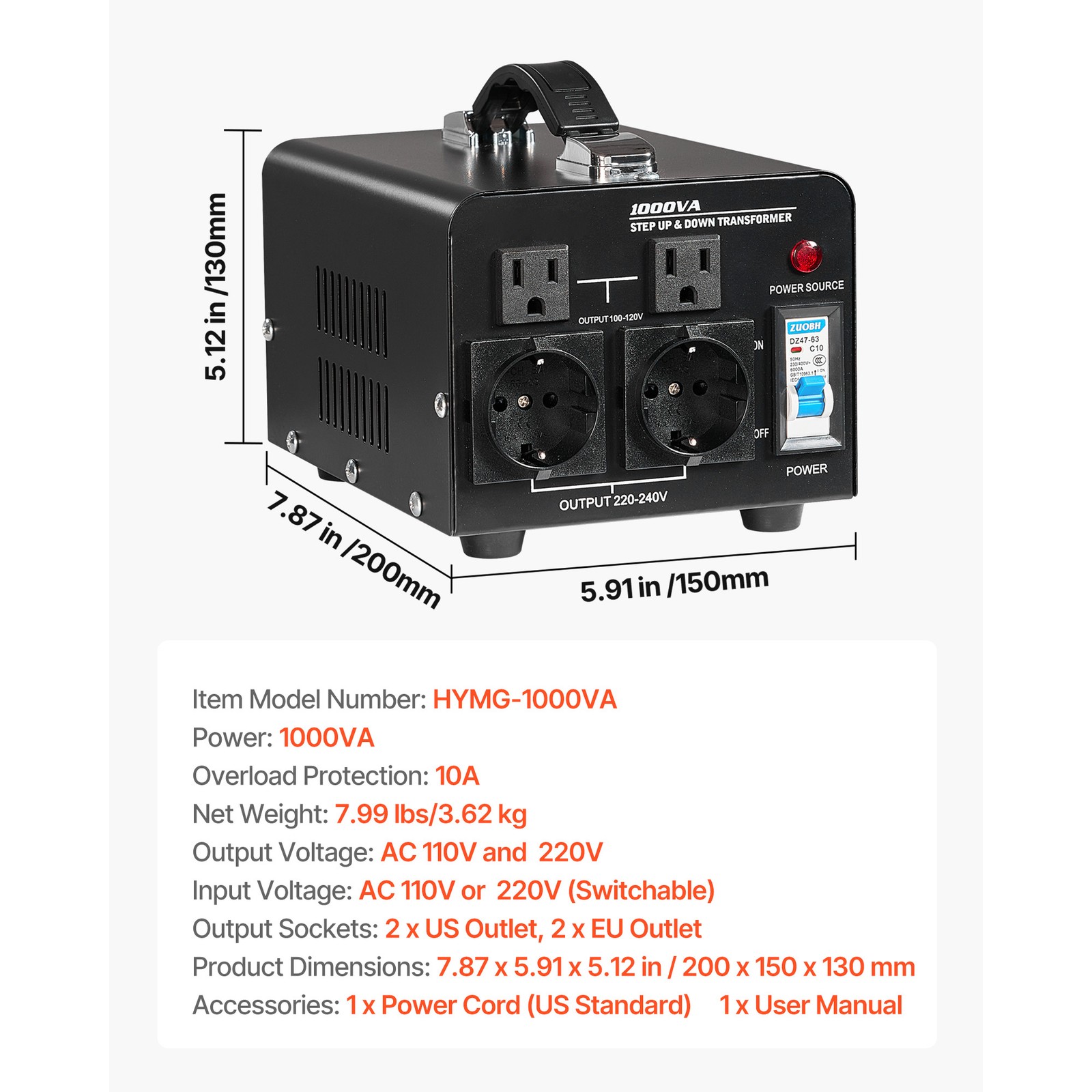 Uimoso Voltage Converter Transformer 1000VA for 110V to 220V and 220V to 110V