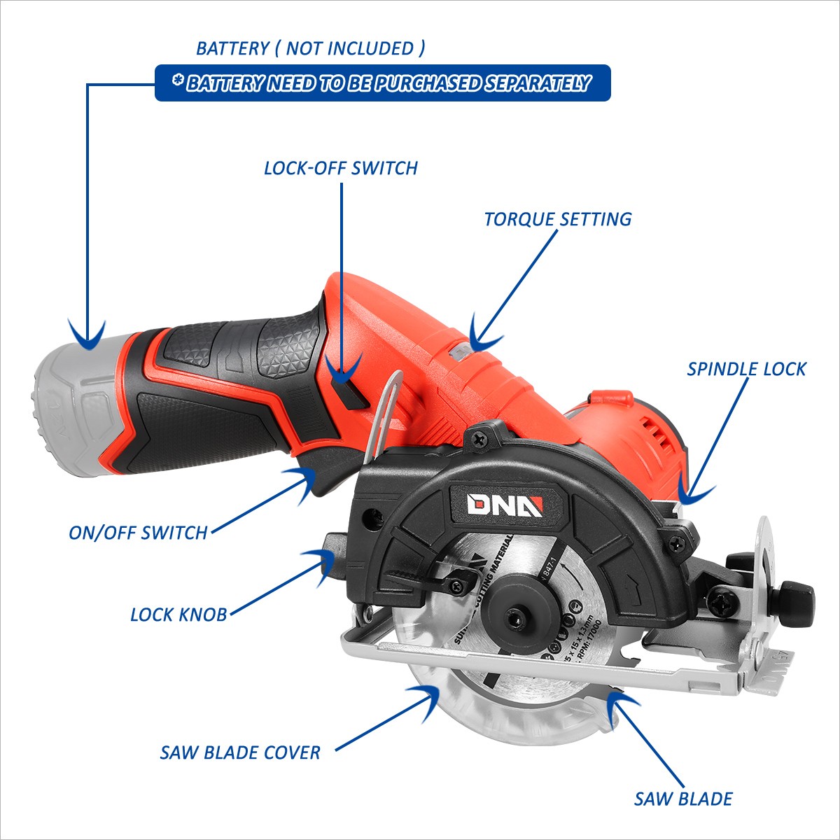DNA Motoring TOOLS-00174 12V Compact Cordless Circular Saw w/Blade+Hex Key Red