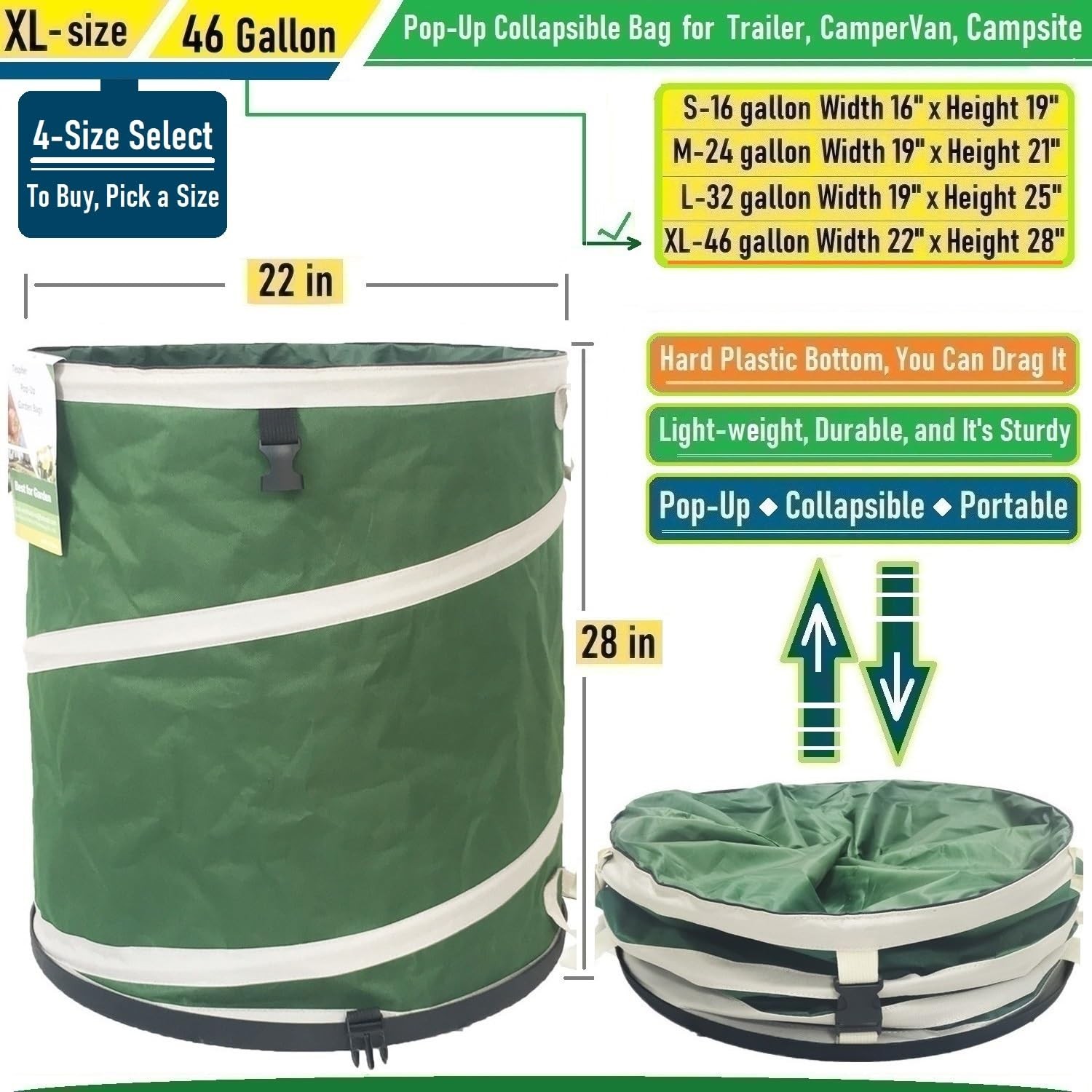 46-Gallon Collapsible Trash Can (22×28 in) Hard-Shell Bottom Yard Garden Bag,…
