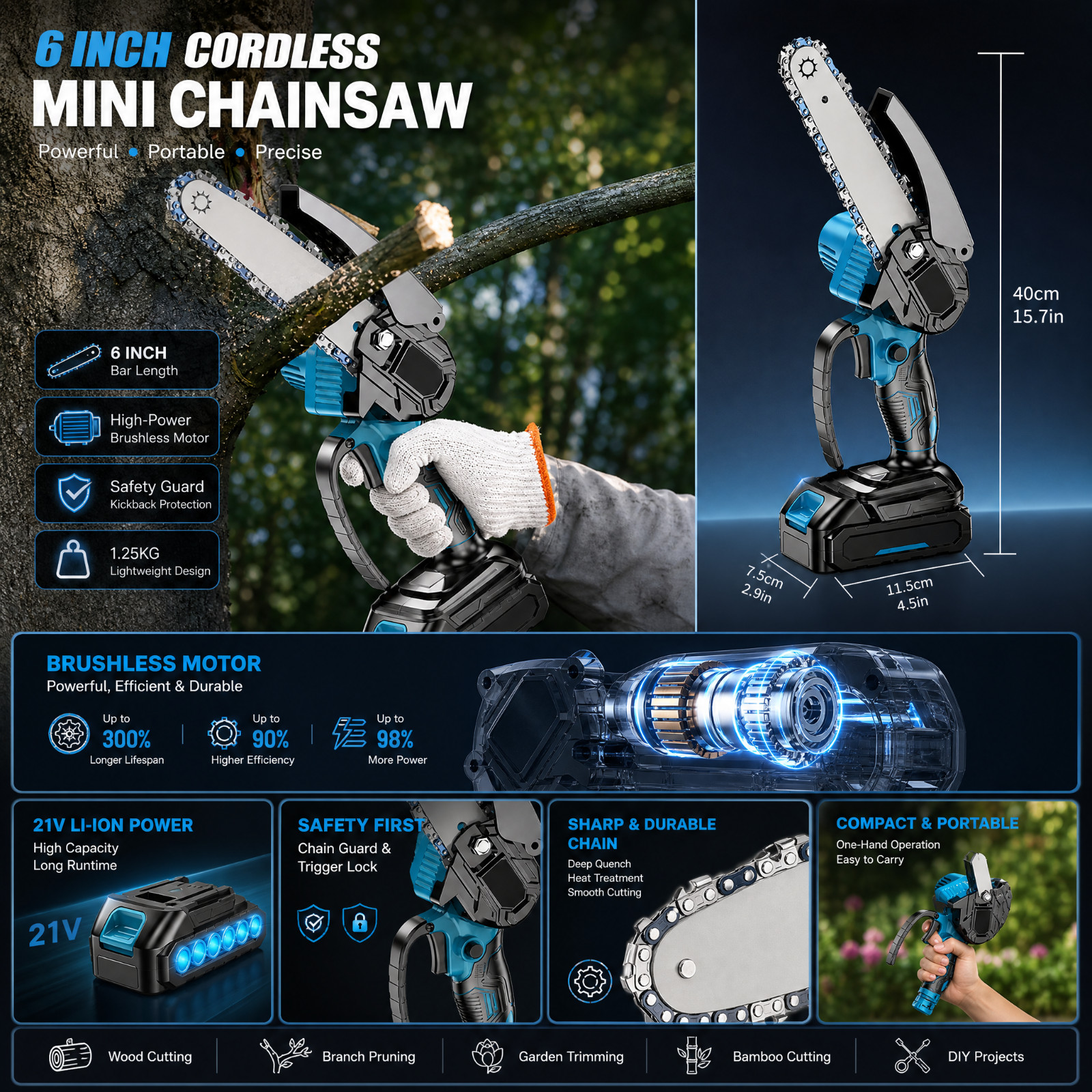 US Stock 6 Inch Cordless Mini Chainsaw Battery Powered Pruning Saw 21V Kit