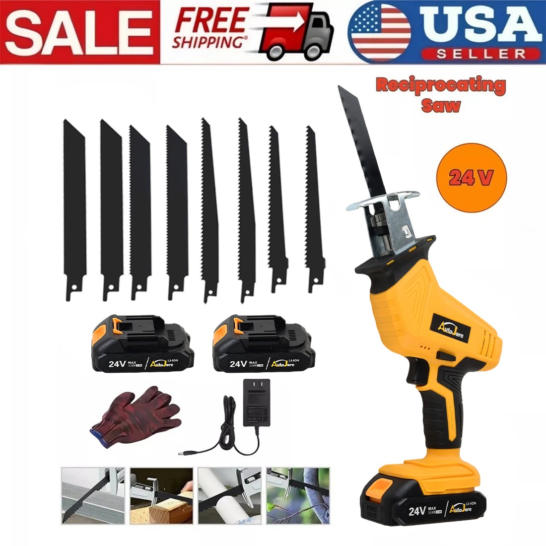 24V Cordless Reciprocating Saw Brushless with 2 Battery & Charger & 8 Saw Blade