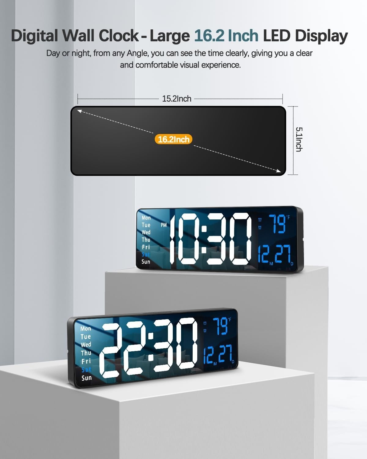 16-inch Digital Wall Clock with Remote Control, Large Display Digital