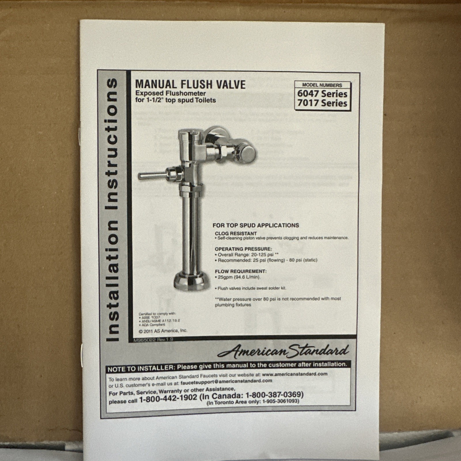 American Standard 6047.121.002 1.28 GPF Manual FloWise Flush Valve, Chrome