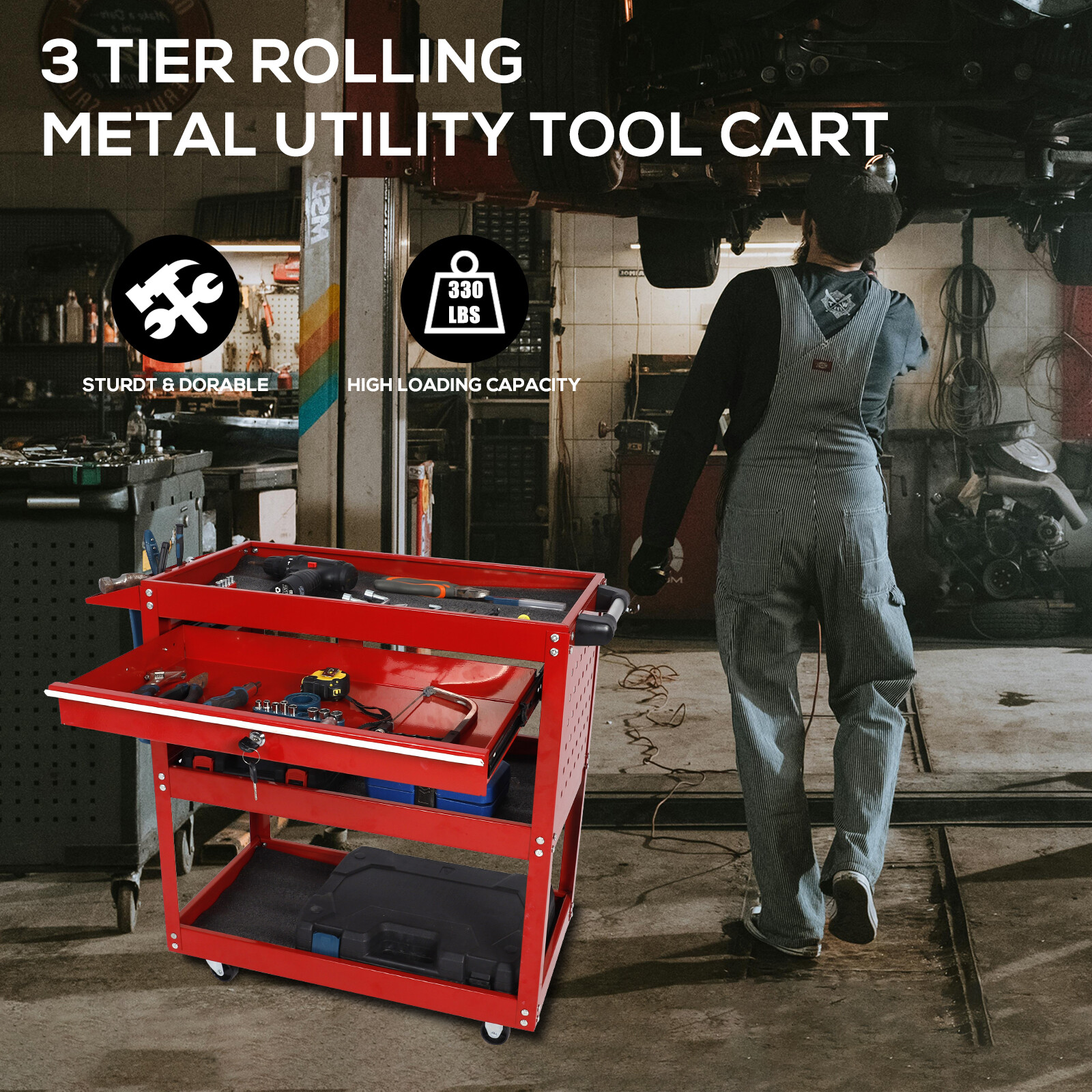 3 Tier Rolling Tool Cart 400LB Heavy Duty Mechanic Tool Cart w/ Lockable Wheels