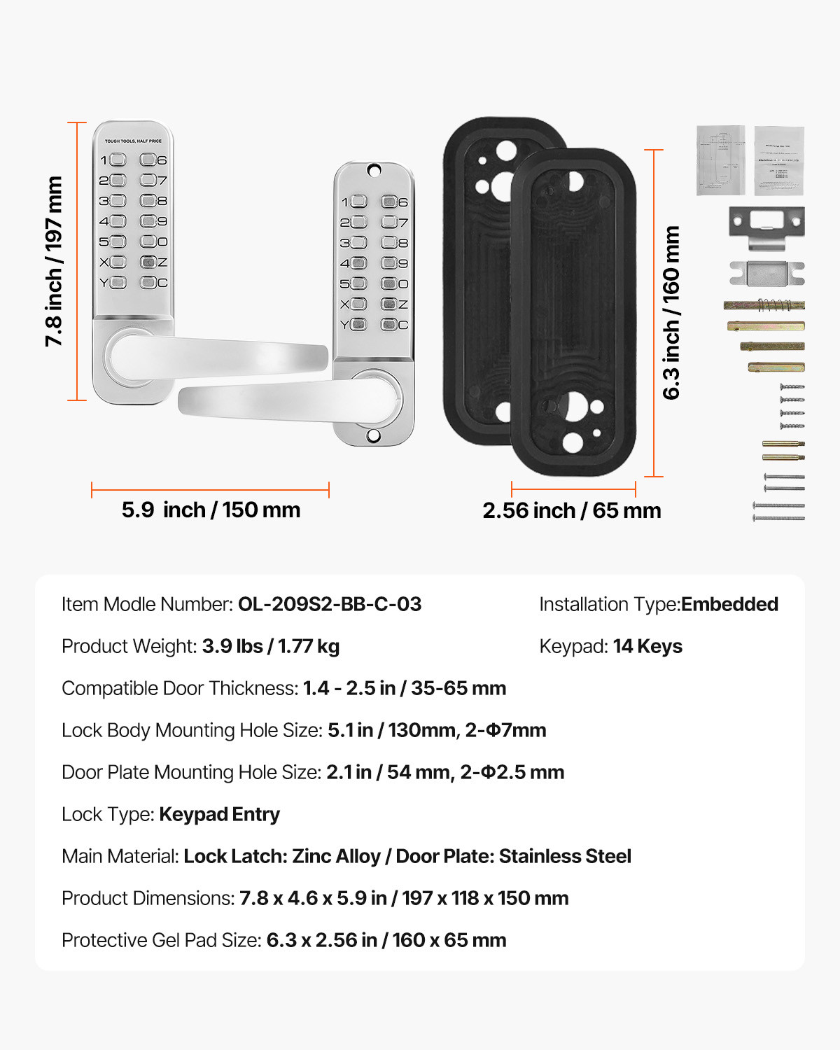 Mechanical Keyless Entry Door Lock 14 Key Mechanical Keypad Lock for Home Sliver