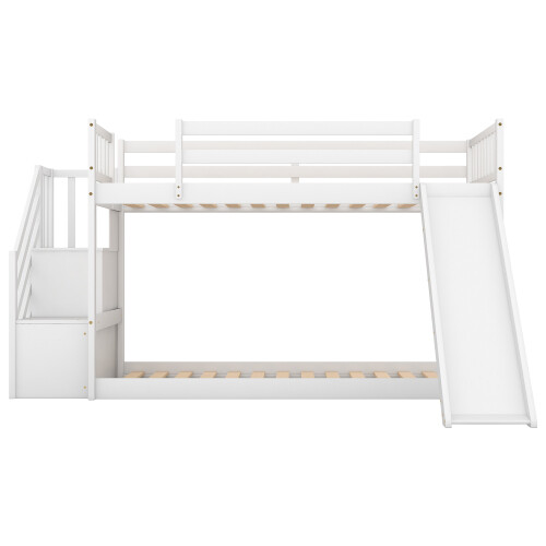 Stairway Wooden Bunk Bed w/ Slide Low Floor Bed for Kids Teens Adults,White/Gray