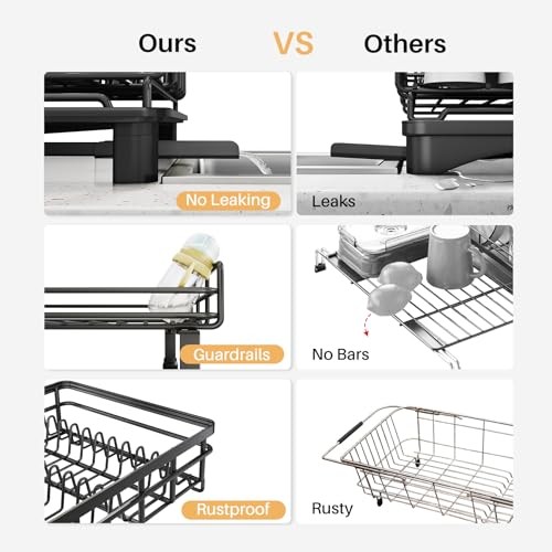 Dish Drying Rack – Extendable Dish Rack, Large Sink Drying Dish Drainer Black