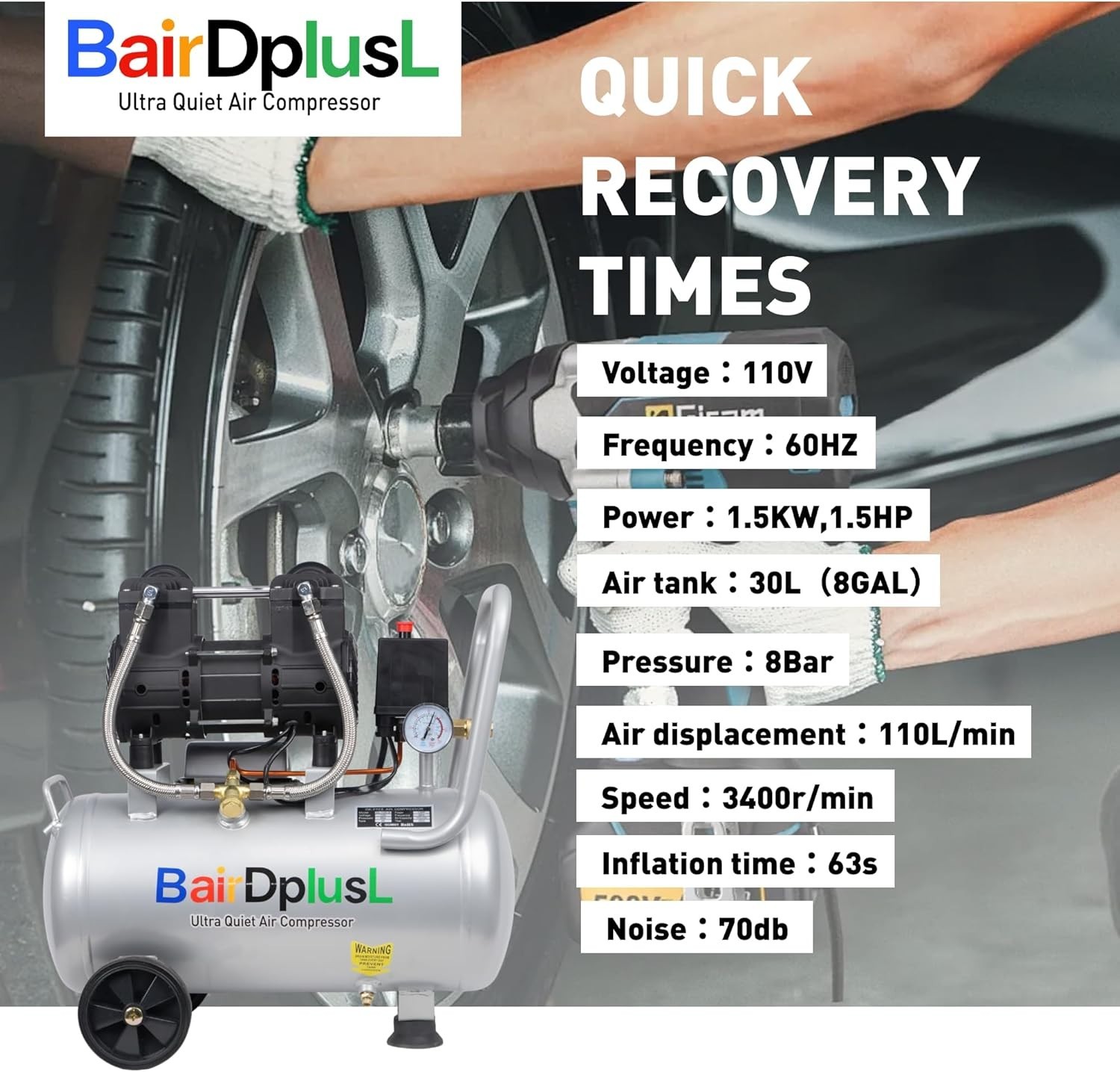 8 Gallon Ultra Quiet Air Compressor 110V/60Hz 1.5HP 8.8CFM, Oil-Free 70dB