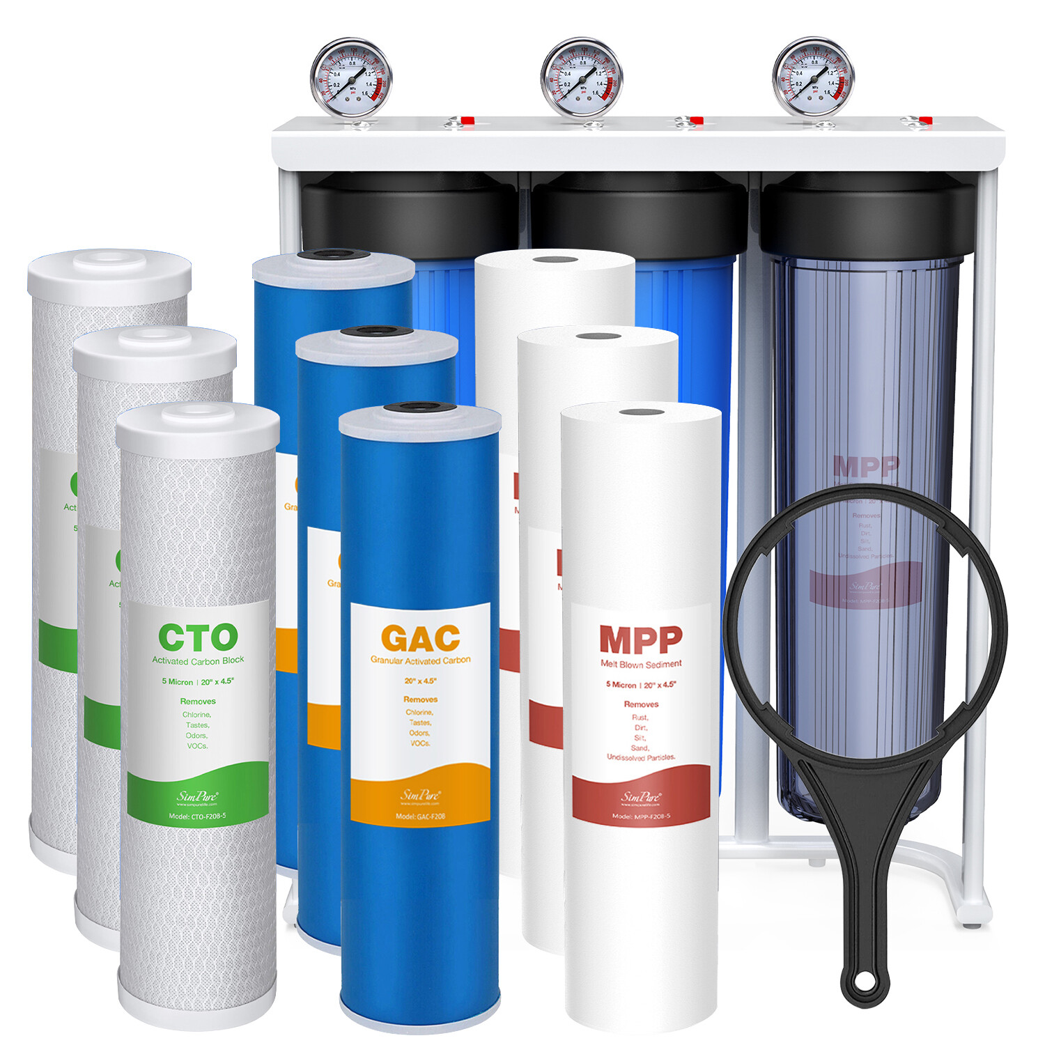 3 Stage 20 Inch Whole House Water Filter System Housing + 3 Set Filter Cartridge