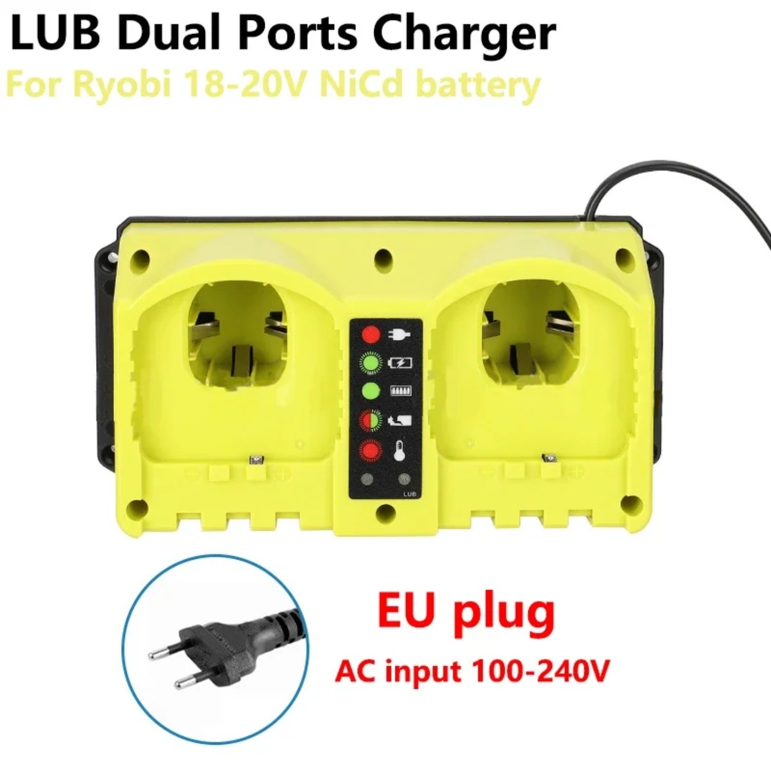 Portable Dual Ports Fast Charger Replace P117 for Ryobi 18V Battery P107 P108