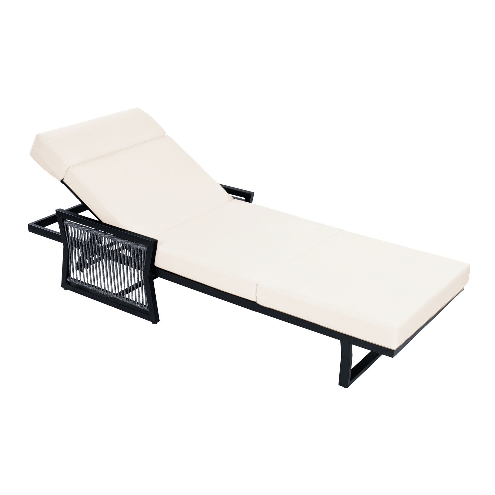 All-Black Chaise Lounge with 4″ Thick Beige Cushion, 400 lbs Capacity