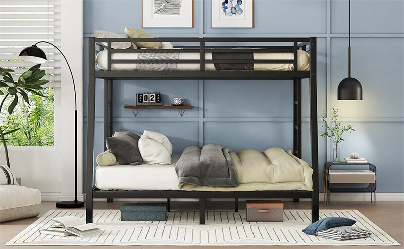 Metal Full XL over Queen Bunk Bed W/Ladder For Teens Adults Space-Saving Black