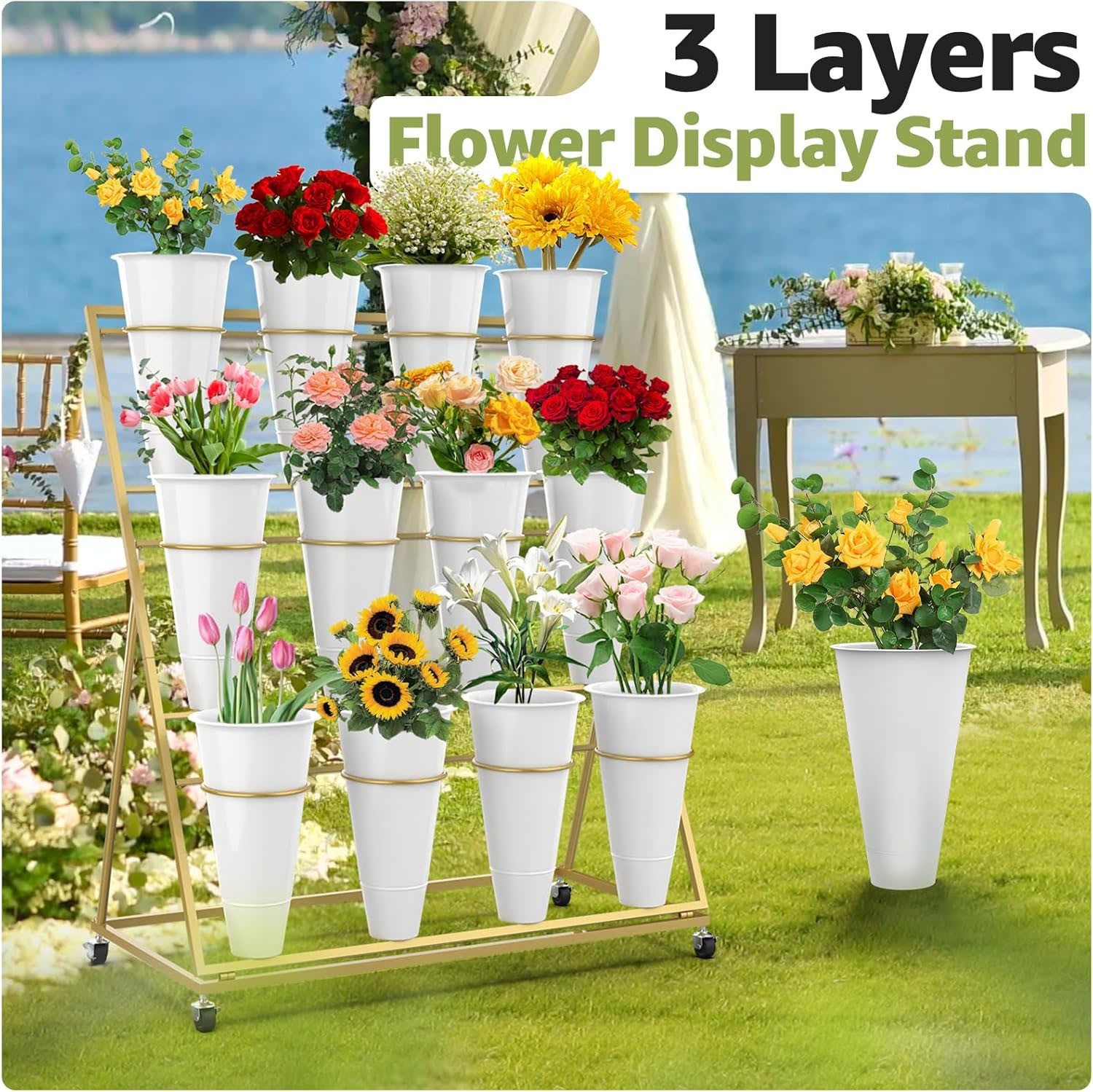 3 Layers Flower Display Stand w/ 12 PCS Round Buckets Florist Flower Cart Rack