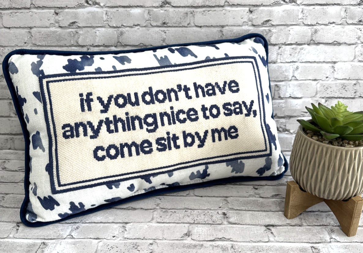 Needlepoint Decorative Throw Pillow Rectangular Blue Ivory COME SET BY ME