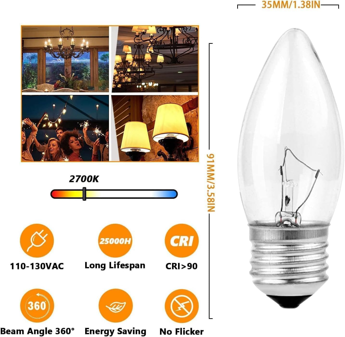 60W Incandescent Torpedo Tip Chandelier – 60W Equivalent Medium E26 Candelabra,