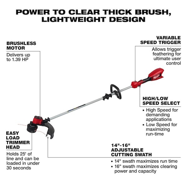 Milwaukee Tool 2828-20E String Trimmer, 9.1 Lb, Cordless, 18V Dc