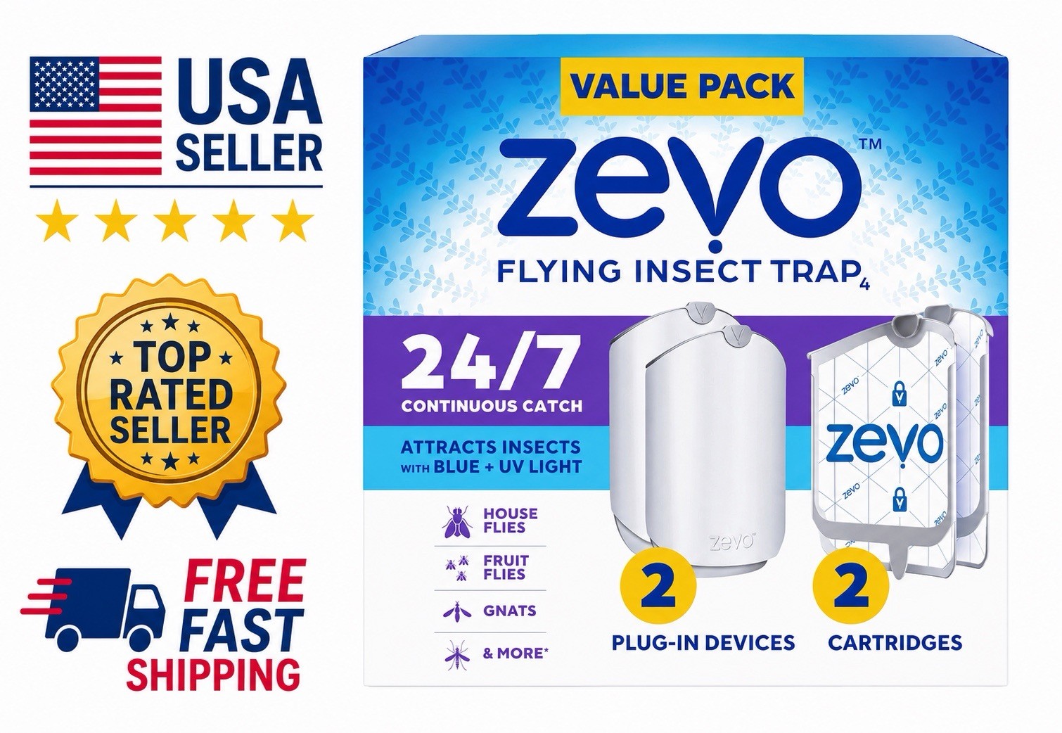 Zevo Plug-In Fly Trap 2 Plug-in Bases + 2 Cartridges Blue UV Light -VALUE 2 PACK