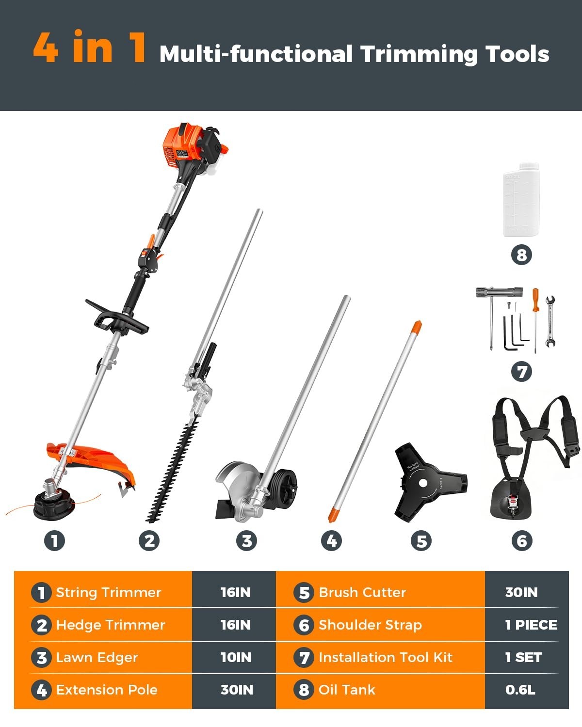 26CC 4 in 1 Brush Cutter 2-Stroke Weed Eater Wacker Gas Powered String Trimmer