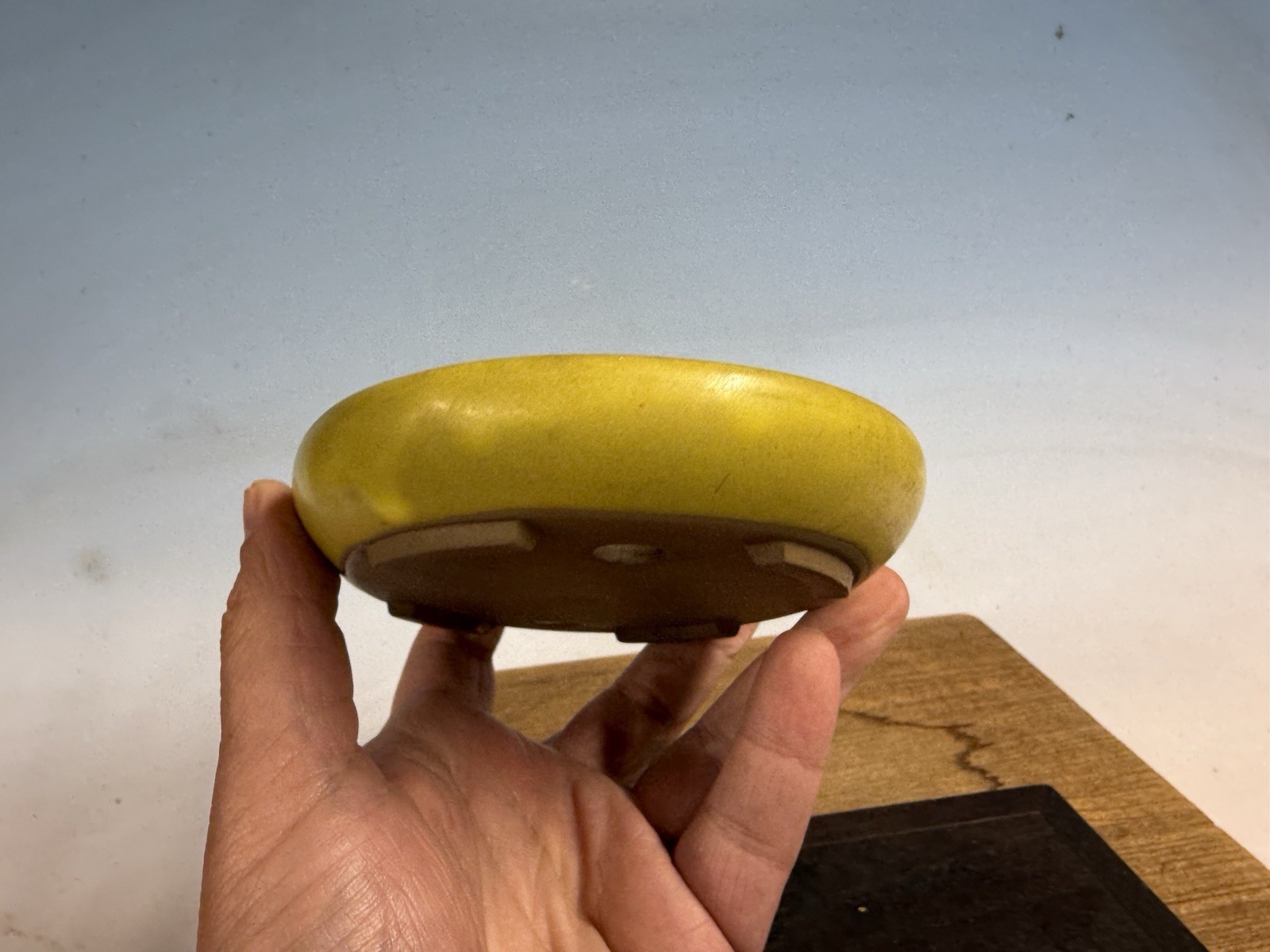 Japanese Unknown Maker Shohin Bonsai Tree Pot 6 1/8” Yellow Glaze