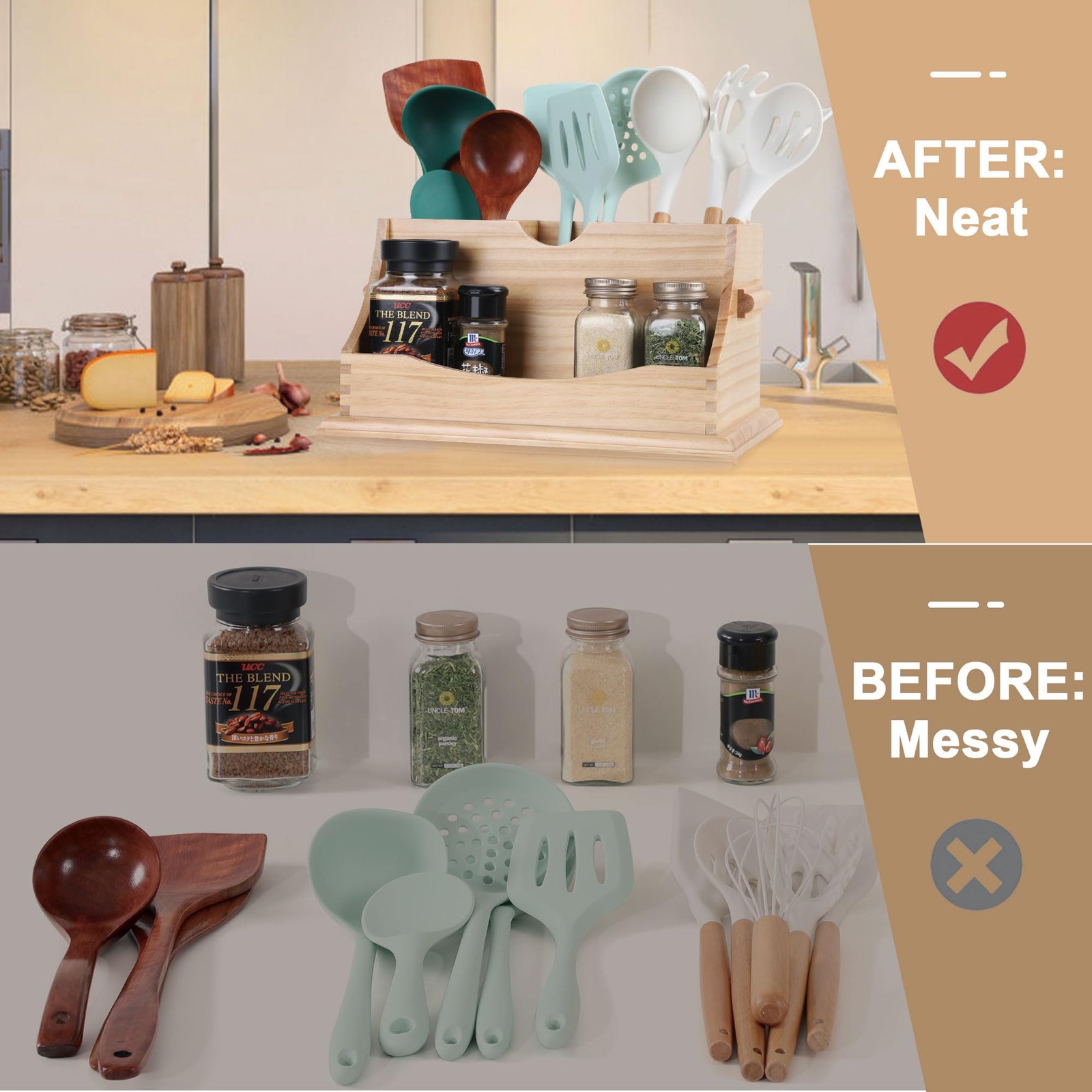 Kitchen Utensil Holder for Countertop with 4 Compartments, Natural Color(Uten…