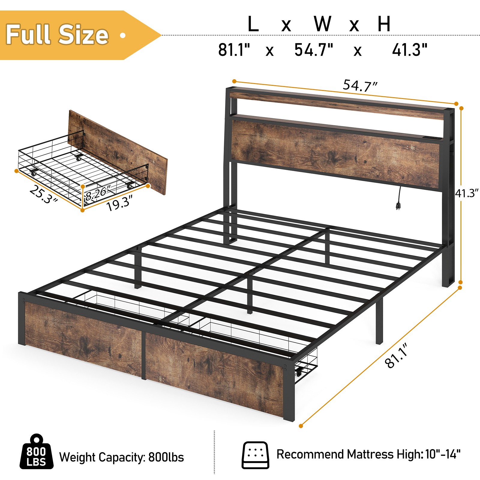Queen Full Size Bed Frame with Storage Headboard &Charging Station＆ LED Lights