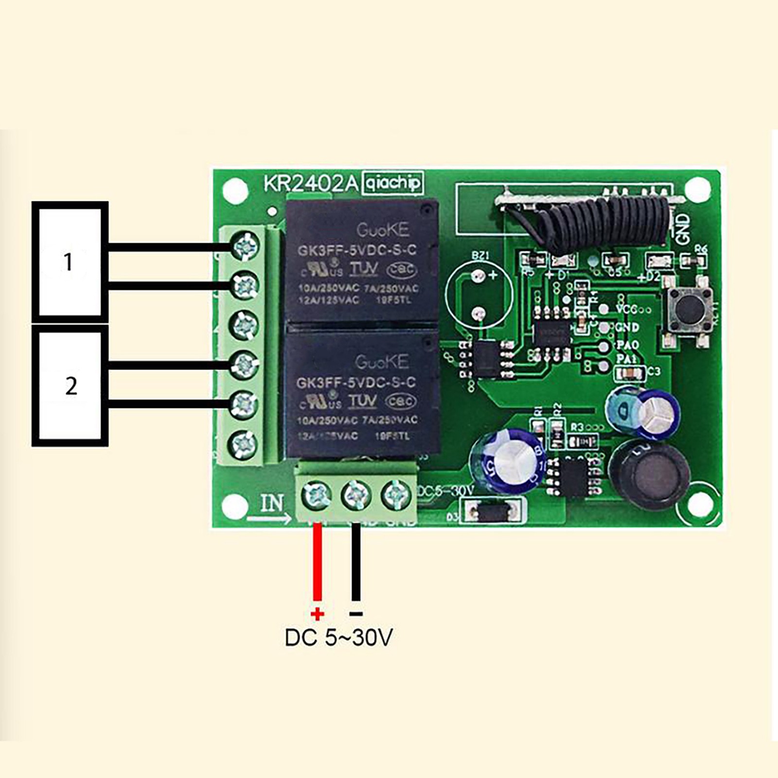 433MHz Universal Wireless Remote Control DC 6V 12V 24V 2CH RF Relay Transmitter