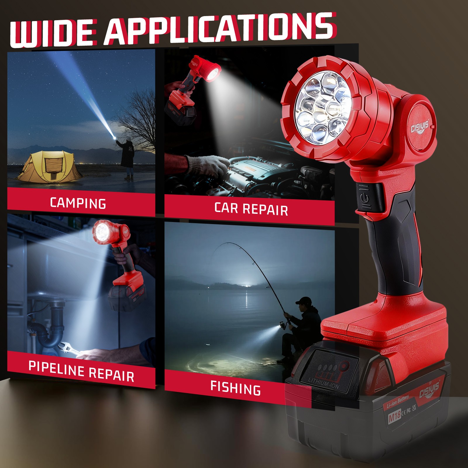 CISIVIS LED Flashlight Cordless Led Work Light Compatible Milwaukee M18 Battery