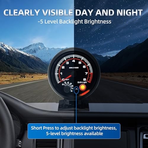 3.75 inch (95mm) Tachometer with Shift Light, 8000 RPM Gauge, 5-Level