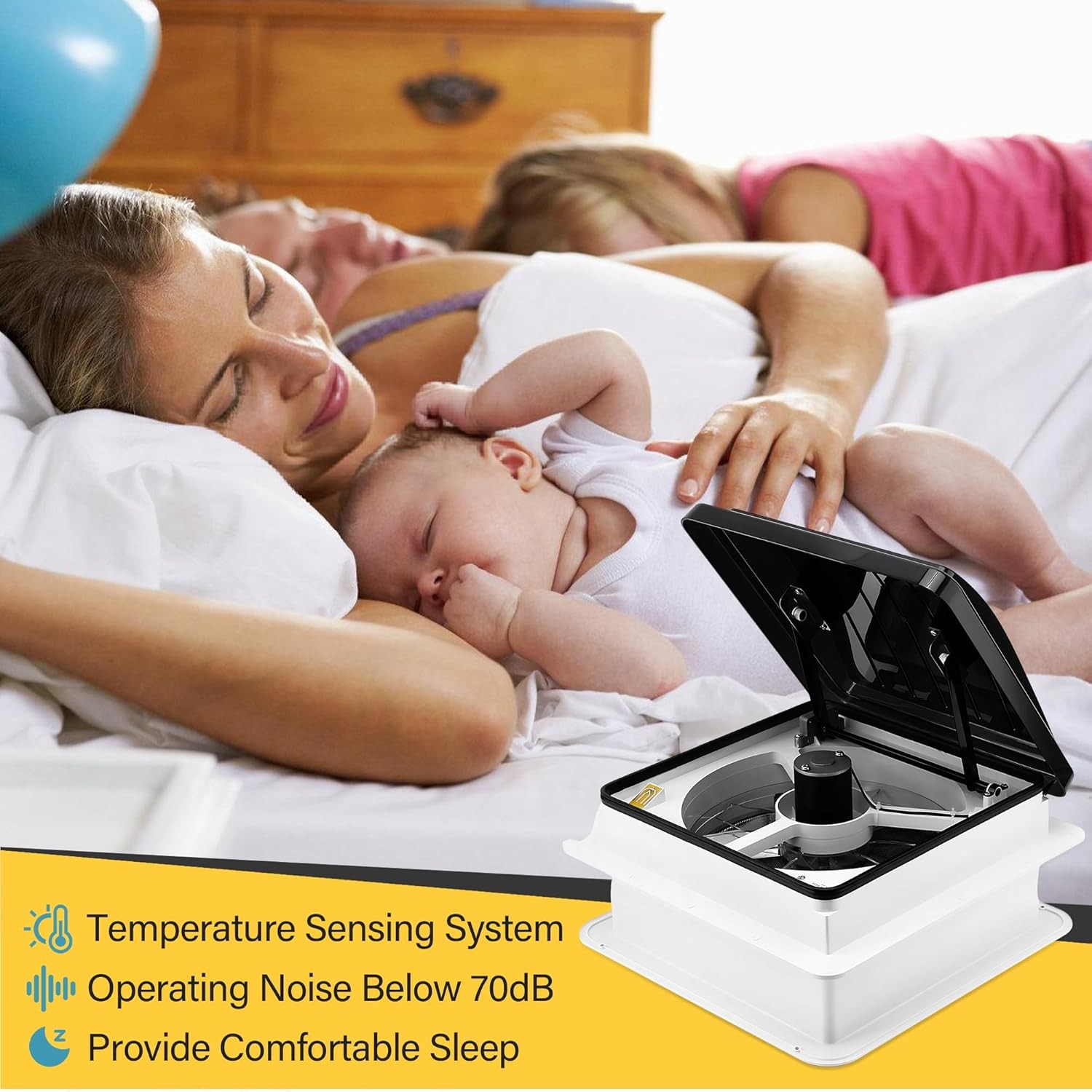 14″ RV Roof Vent Fan w/LED Light – Rain Temperature System, Stepless Speed Regul
