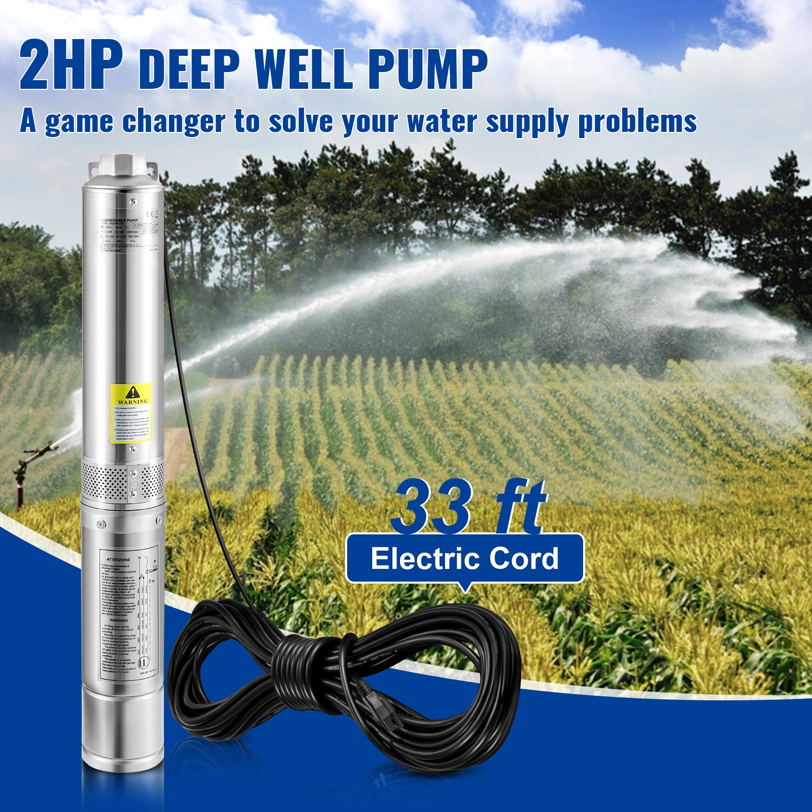 VEVOR Deep Well Submersible Pump Stainless Steel Water Pump 2HP 230V 37GPM 427ft