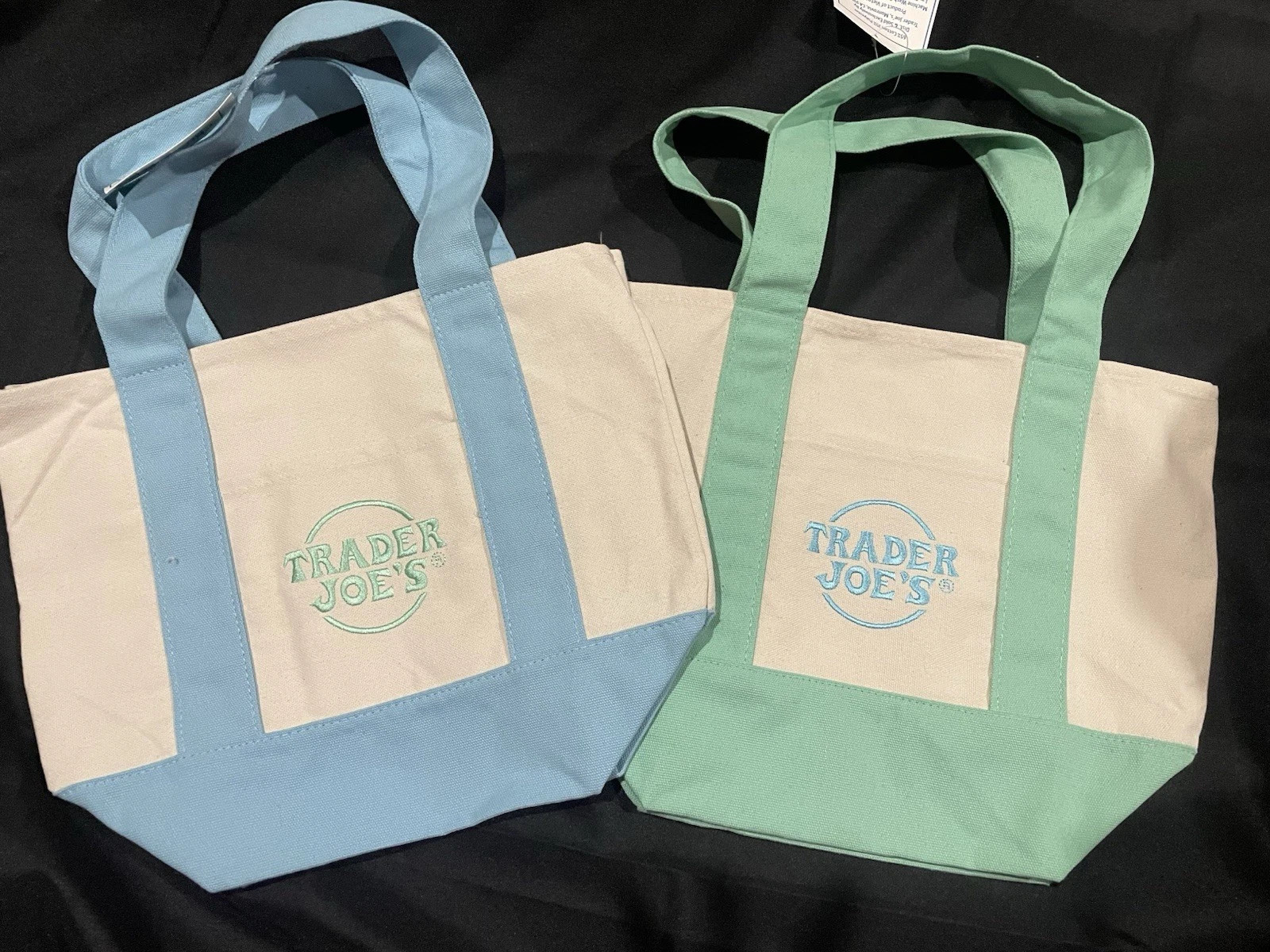 Trader Joe’s Mini Pastel Canvas Tote Bag Set Of 2 Green& Blue NWT Fast Free Ship