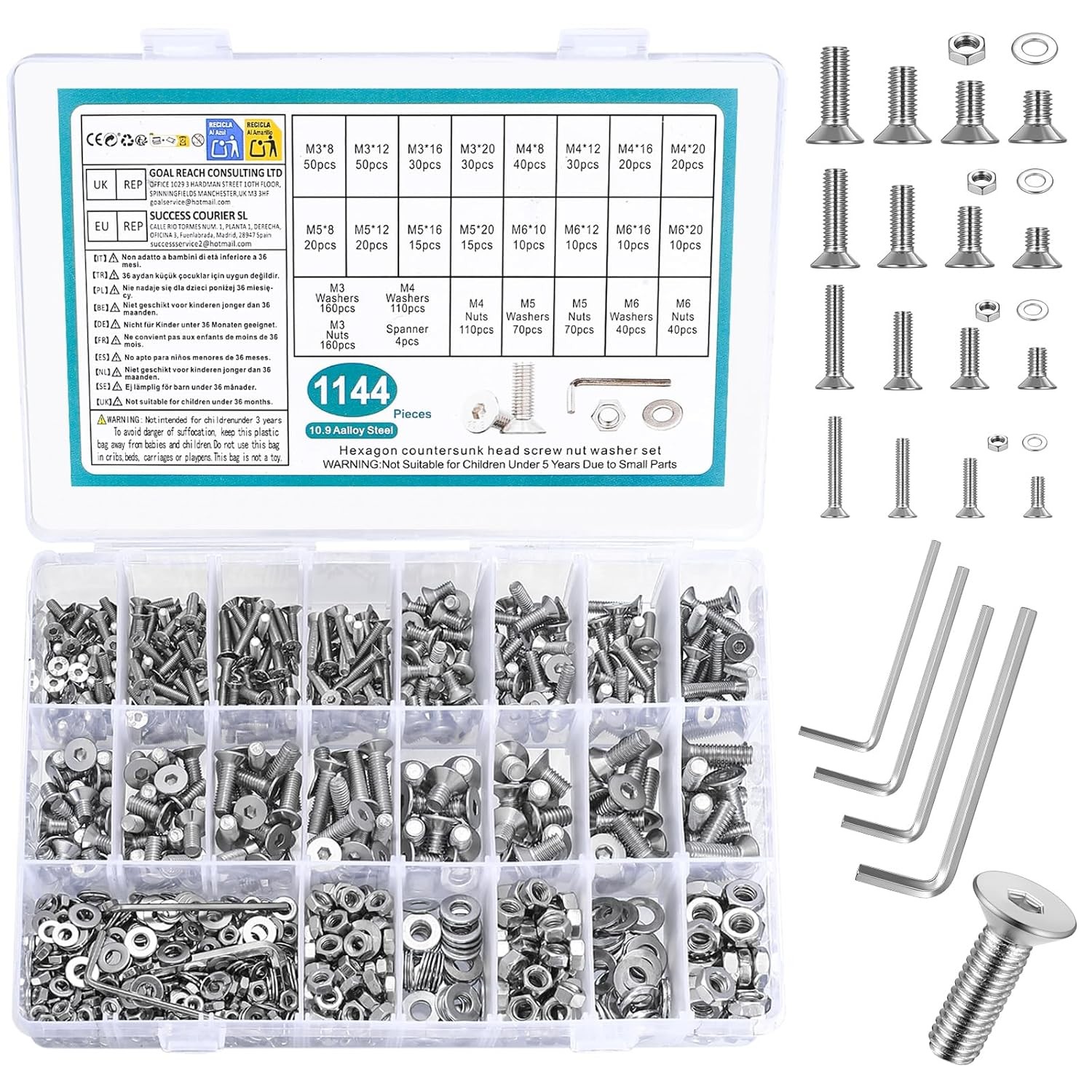 M3M4M5M6M8 Hex Socket Head Countersunk Screws Bolts Nuts Washers Assortment Kit