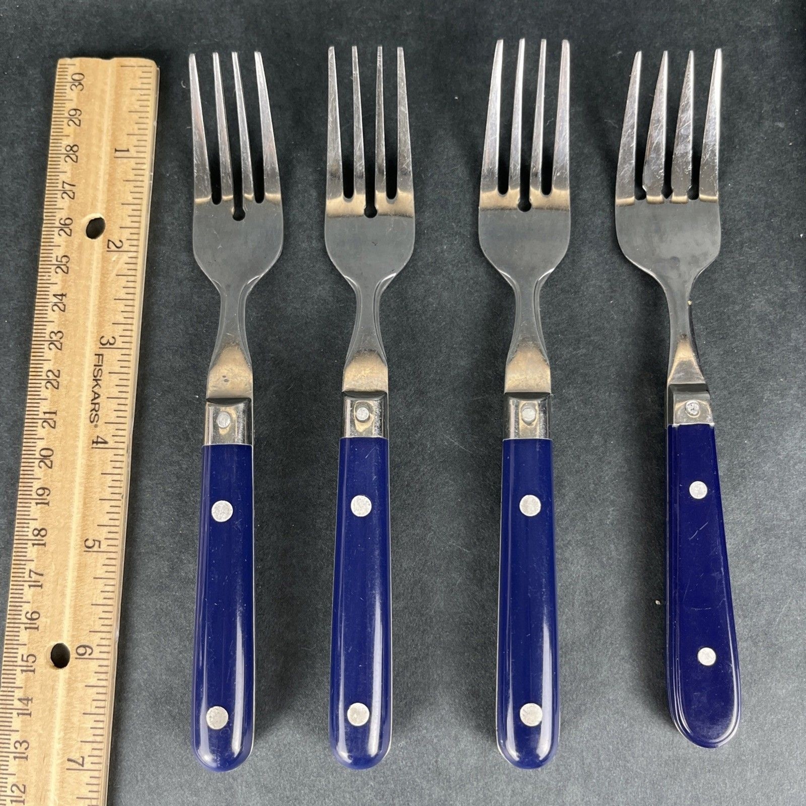 30pc VTG MCM Blue Riveted Handle Flatware Stainless Lifetime Thailand, Korea Mix