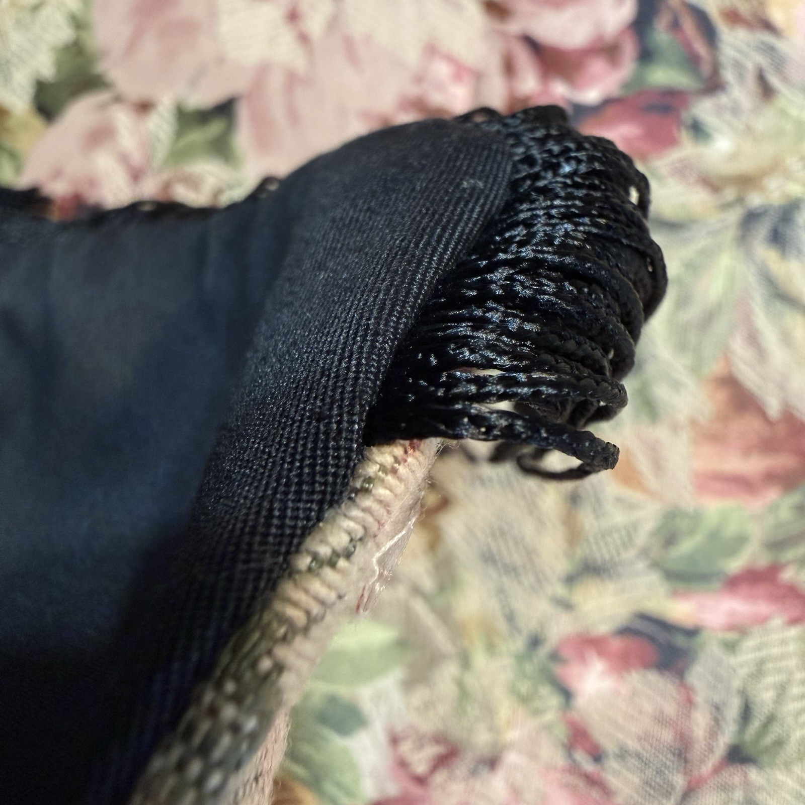 VTG Floral Damask Brocade Table Runner Black Silky Lining Fringe Custom 72×32”