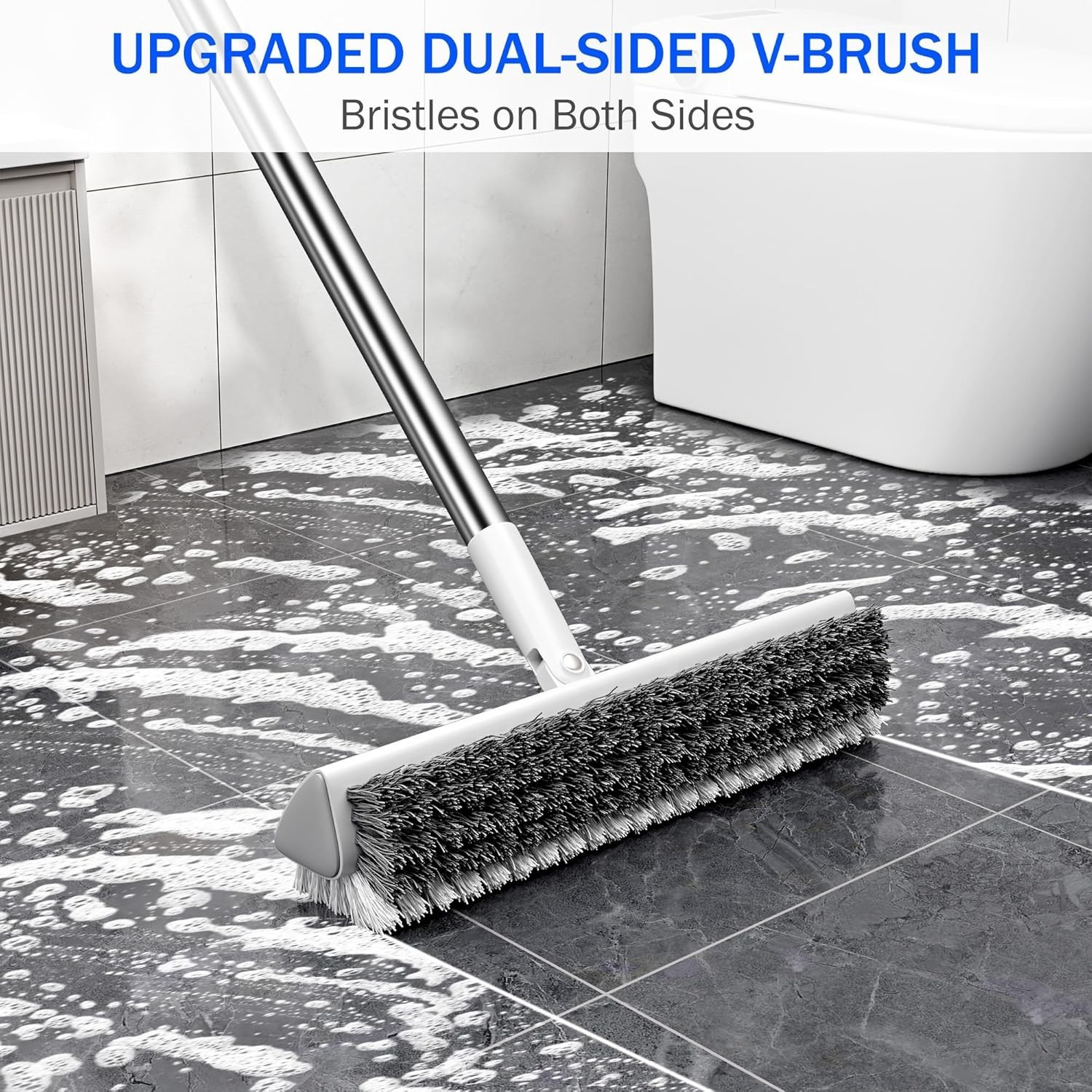 Grout Brush with Long Heavy Duty Handle, 180° Swivel Floor Scrub Brush, V-Sha…