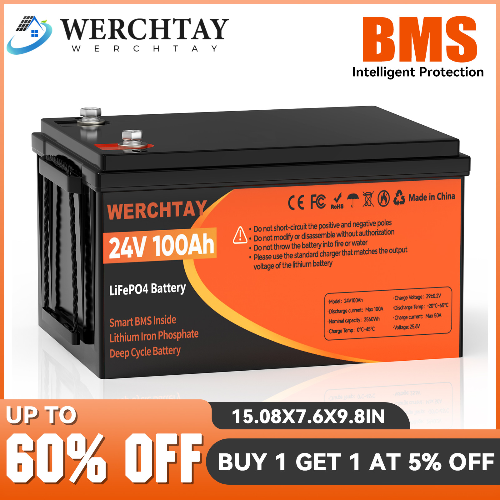 24V 100Ah LiFePO4 Lithium Battery Deep Cycle 100A BMS For RVs Solar Off-grid