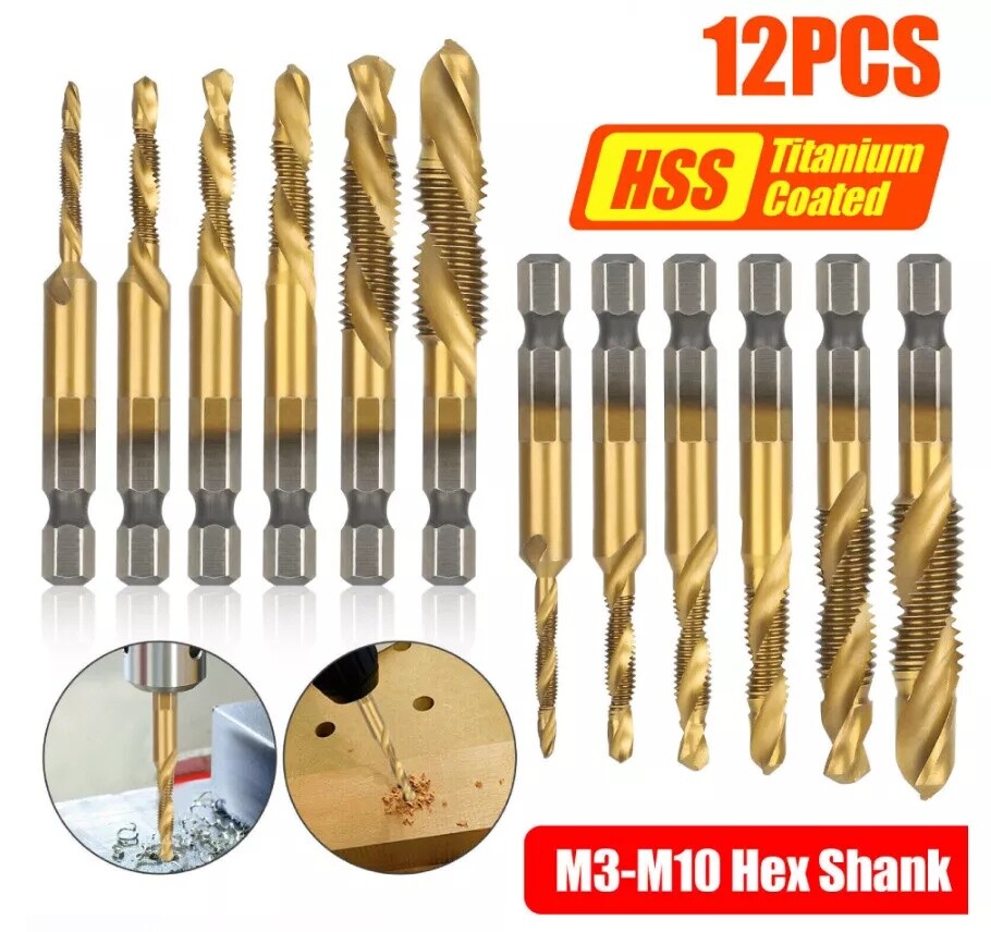 12Pcs HSS Titanium Coated Twist Drill Bit Set M3-M10 Hex Shank For wood Metal