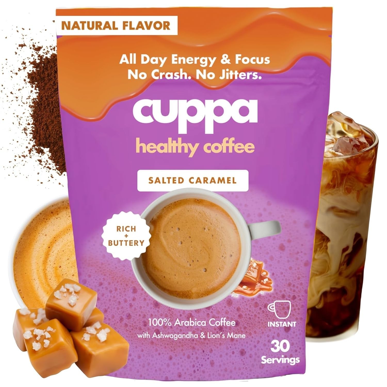 Cuppa Instant Mushroom Coffee Salted Caramel 30 Servings Lion’s Mane New