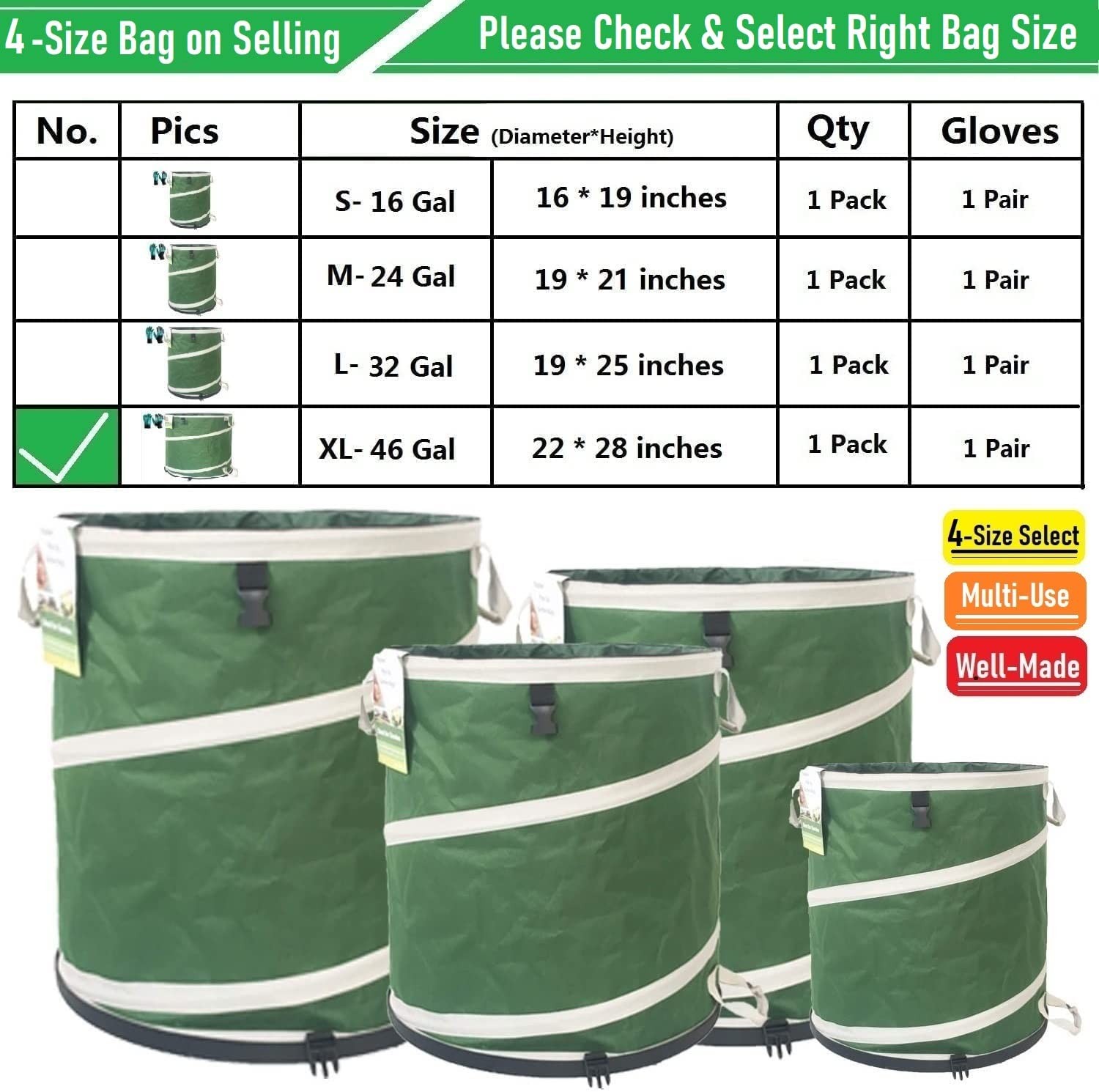 46-Gallon Collapsible Trash Can (22×28 in) Hard-Shell Bottom Yard Garden Bag,…